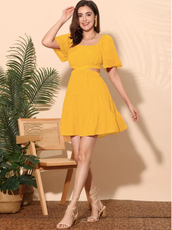 Crossover Cut Out Short Sleeve Square Neck Tiered Mini Dress sold by Allegra K