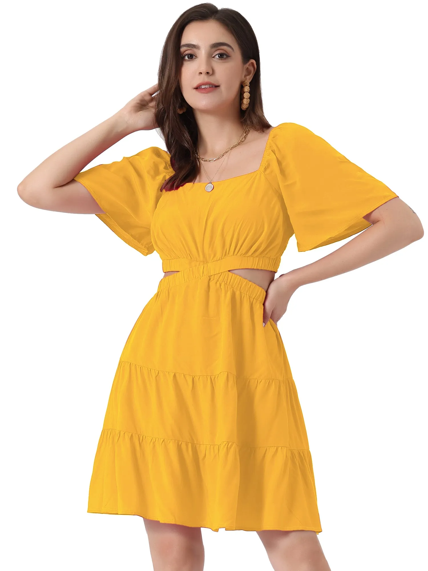 Crossover Cut Out Short Sleeve Square Neck Tiered Mini Dress sold by Allegra K product image thumbnail 5