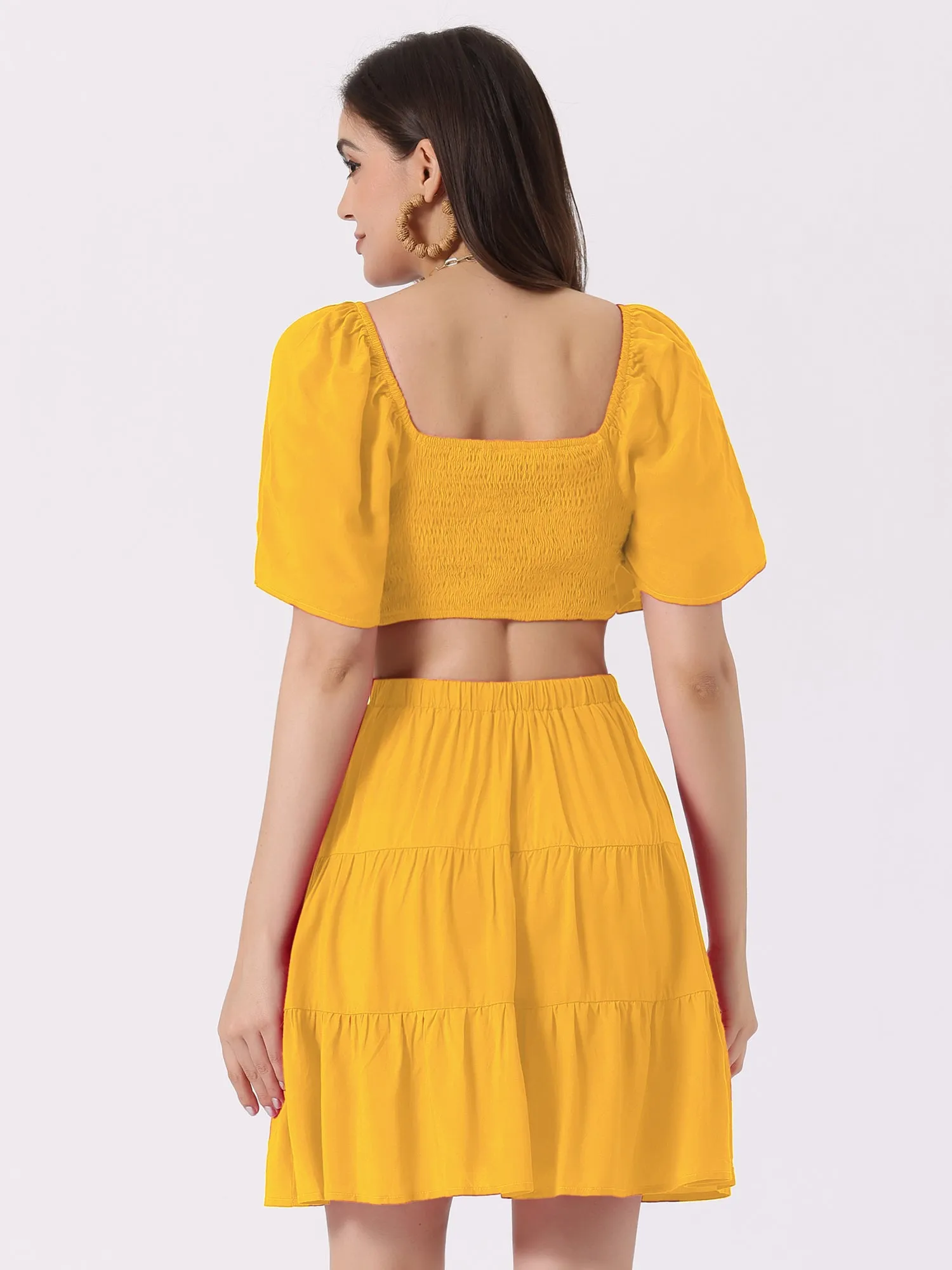 Crossover Cut Out Short Sleeve Square Neck Tiered Mini Dress sold by Allegra K product image thumbnail 3