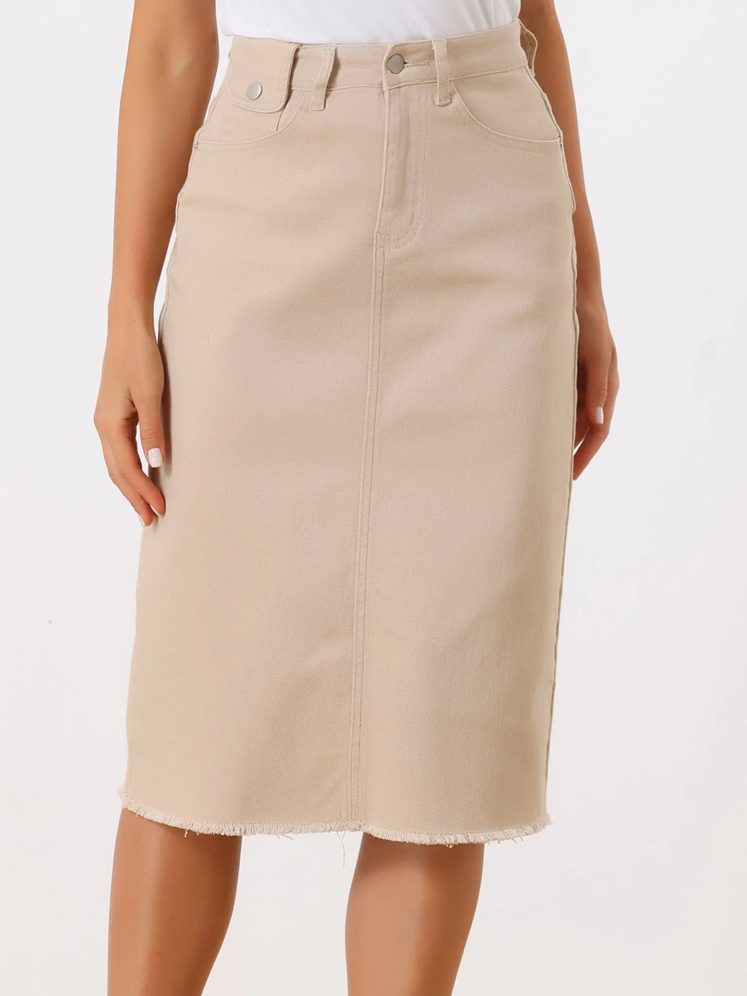 Casual High Waist Back Slit Stretch Denim Midi Jean Skirt sold by Allegra K