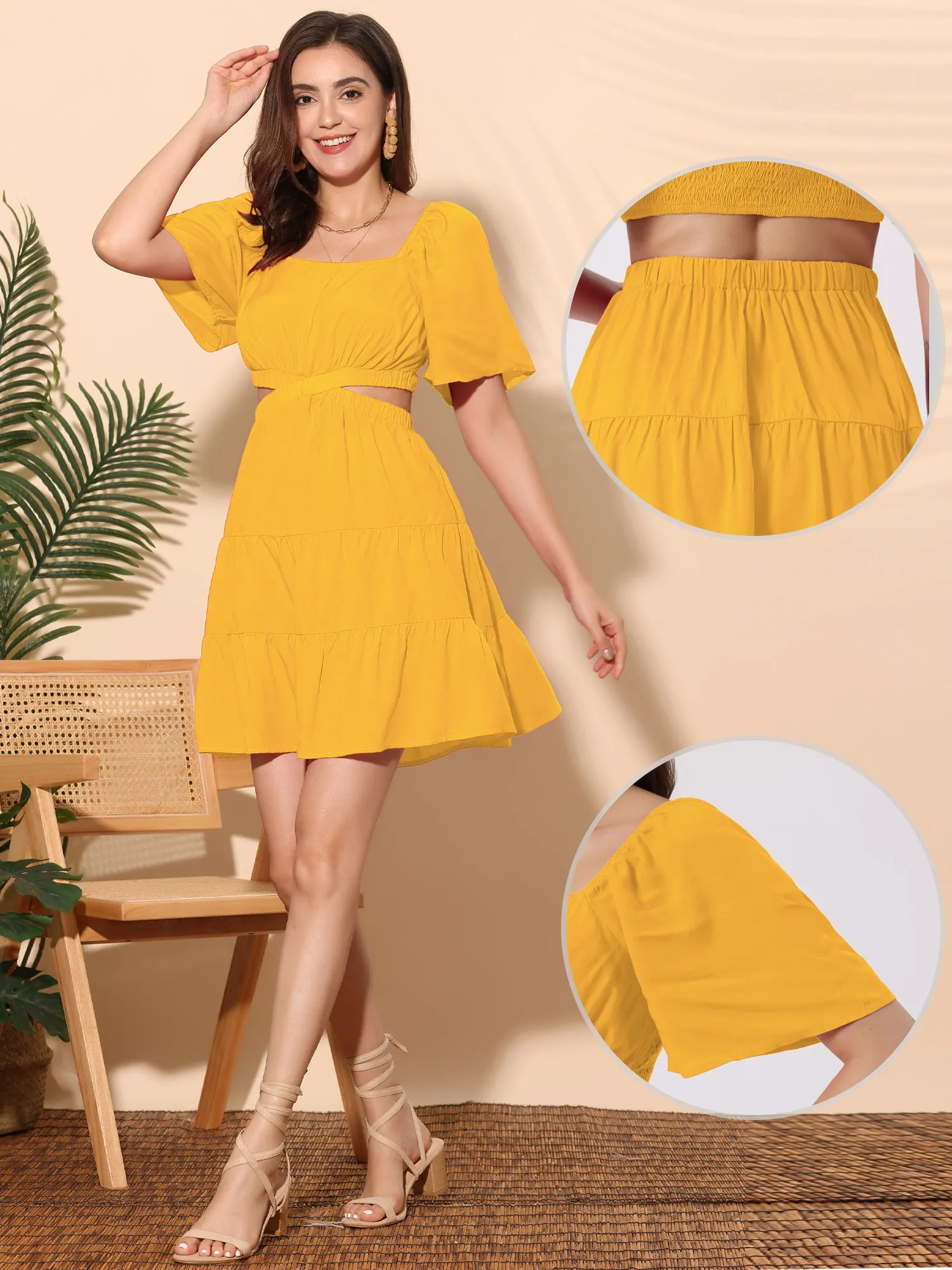Crossover Cut Out Short Sleeve Square Neck Tiered Mini Dress sold by Allegra K product image thumbnail 2