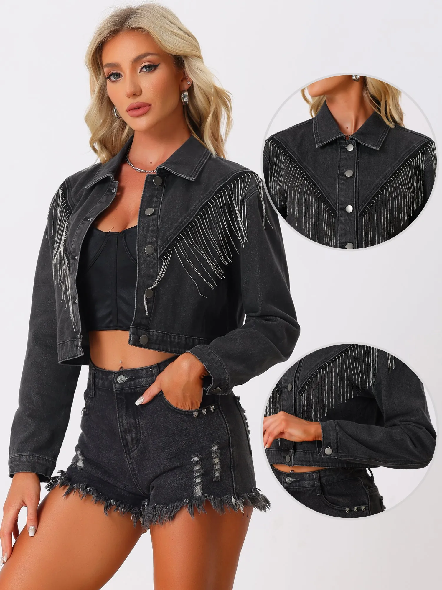 Fringe Denim Long Sleeve Button Down Tassel Cropped Jean Jacket sold by Allegra K product image thumbnail 2