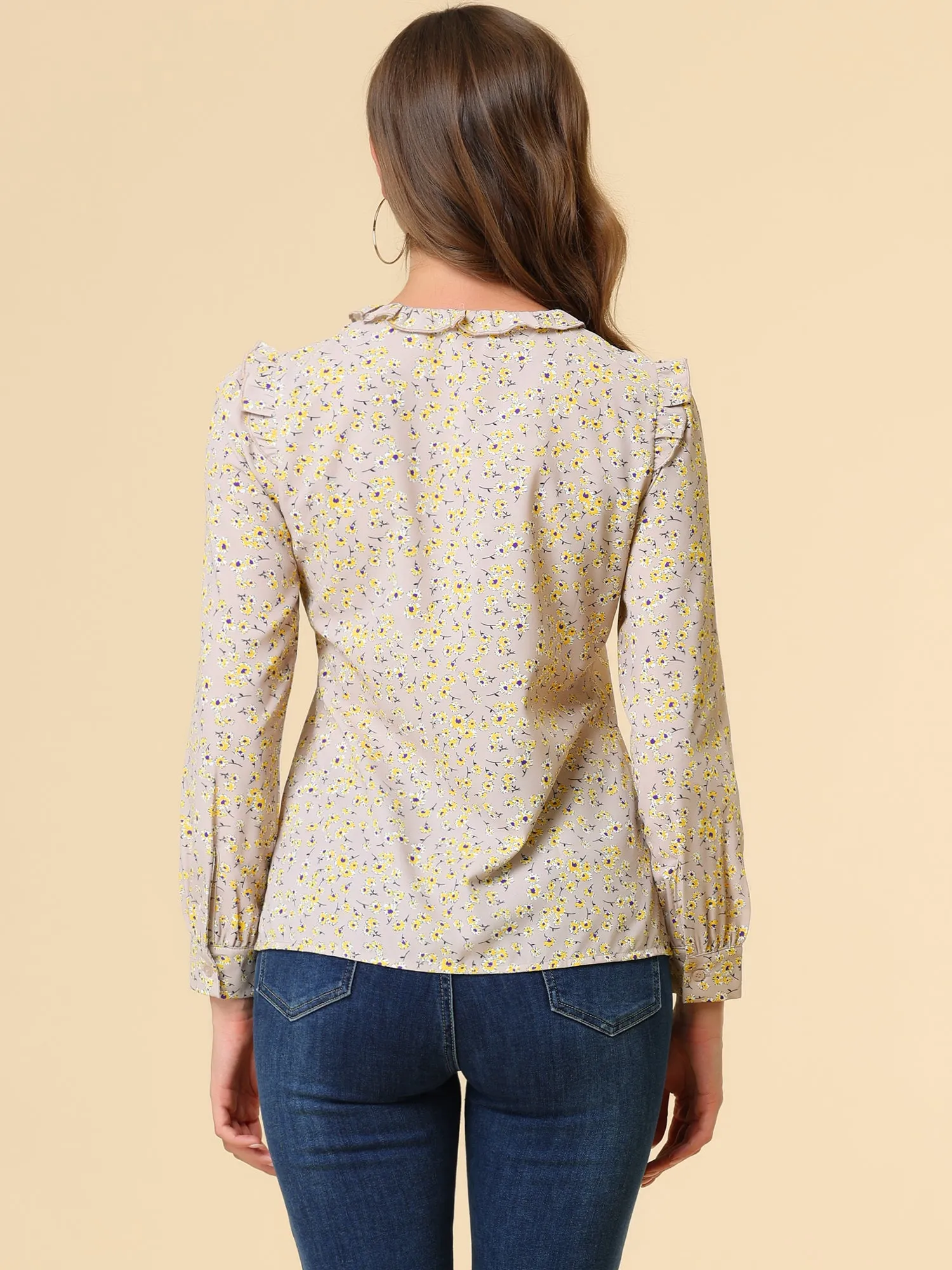Victorian Ruffled Neck Long Sleeve Ditsy Floral Blouse sold by Allegra K product image thumbnail 4