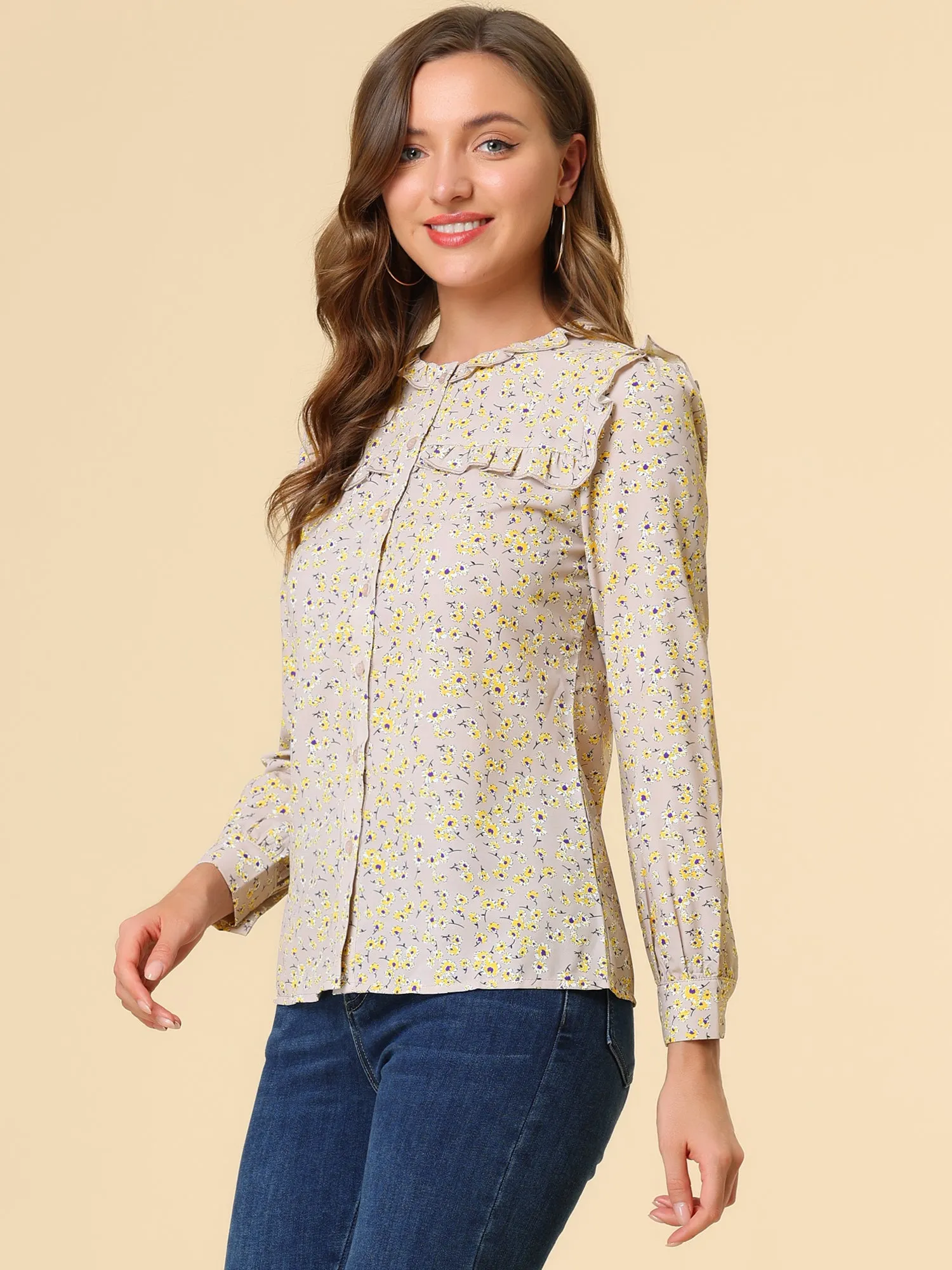 Victorian Ruffled Neck Long Sleeve Ditsy Floral Blouse sold by Allegra K product image thumbnail 3