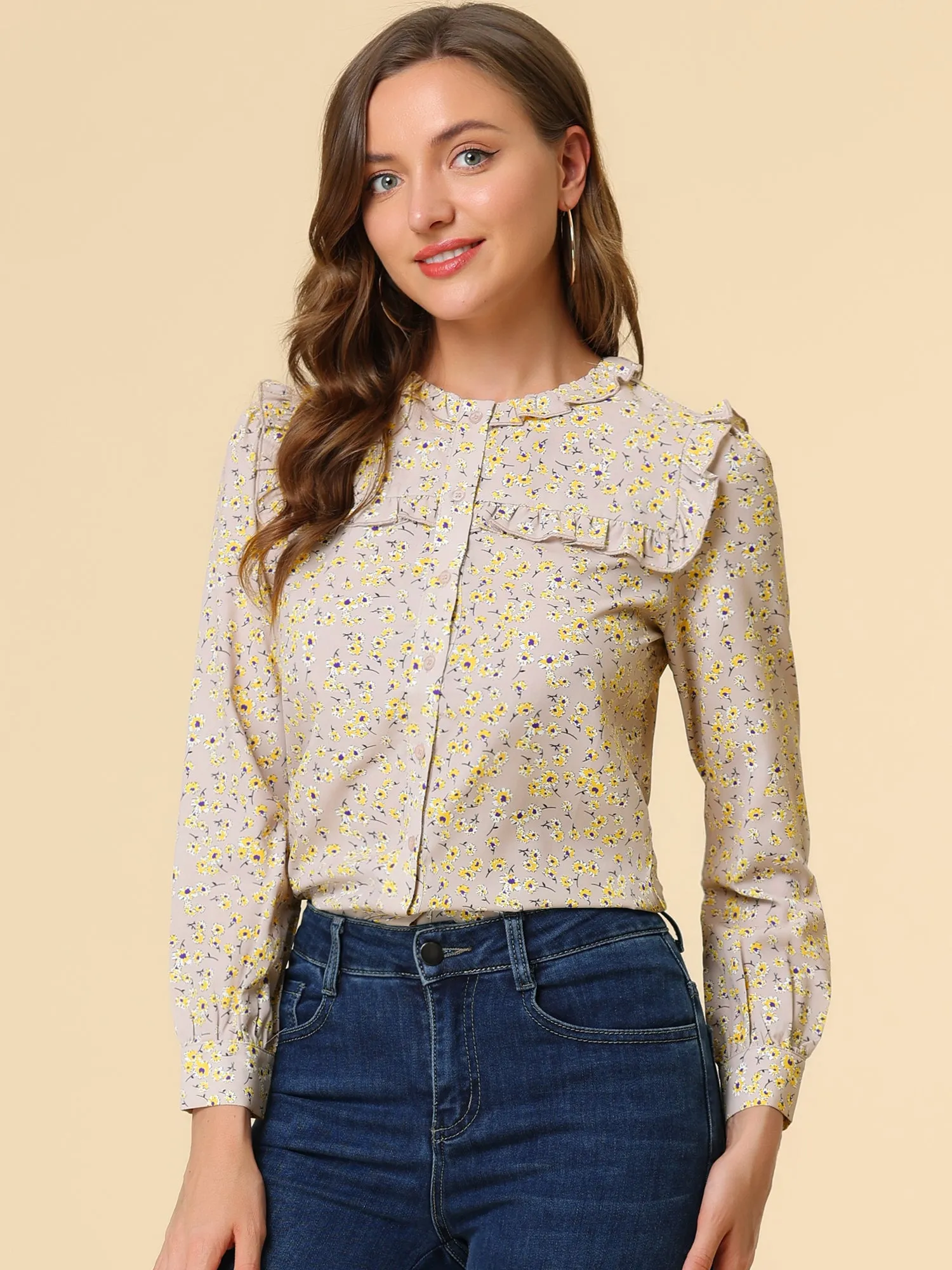 Victorian Ruffled Neck Long Sleeve Ditsy Floral Blouse sold by Allegra K