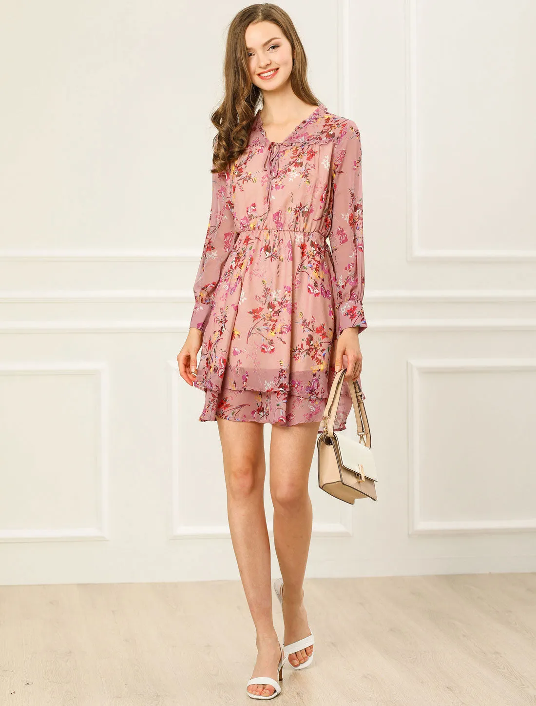 Layered Ruffled Long Sleeve Floral Chiffon Mini Dress sold by Allegra K product image thumbnail 3