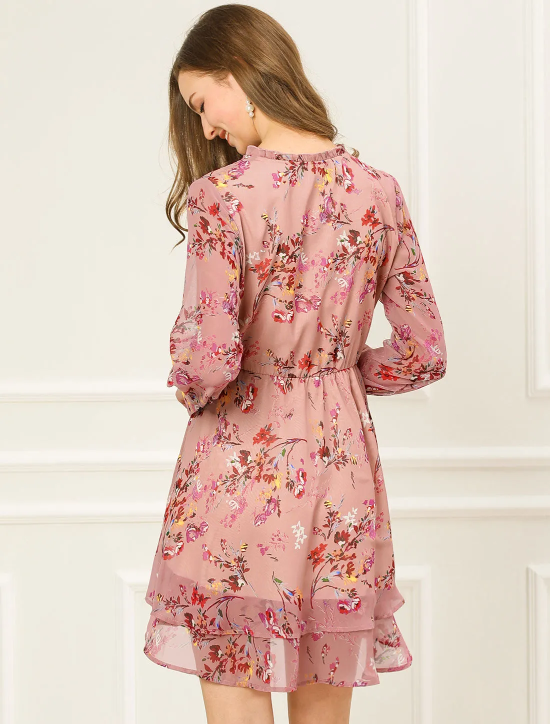 Layered Ruffled Long Sleeve Floral Chiffon Mini Dress sold by Allegra K product image thumbnail 4
