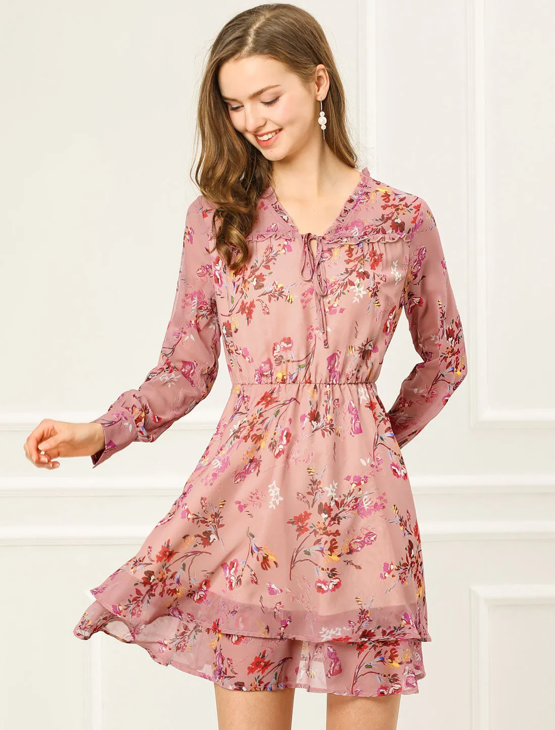 Layered Ruffled Long Sleeve Floral Chiffon Mini Dress sold by Allegra K
