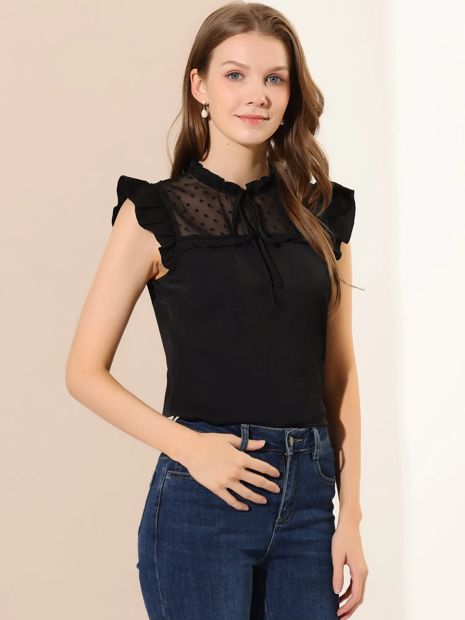 Chiffon Tops Ruffle Stand Collar Tie Front Cap Sleeve Summer Blouse sold by Allegra K