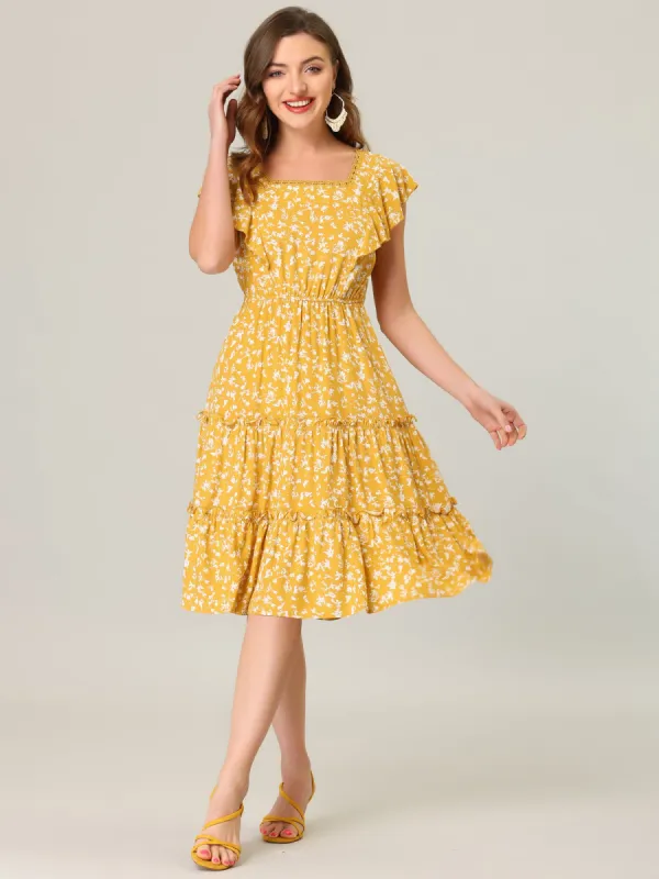 Floral Summer Square Neck Cap Sleeve Ruffle Hem Tiered Flowy Dress sold by Allegra K
