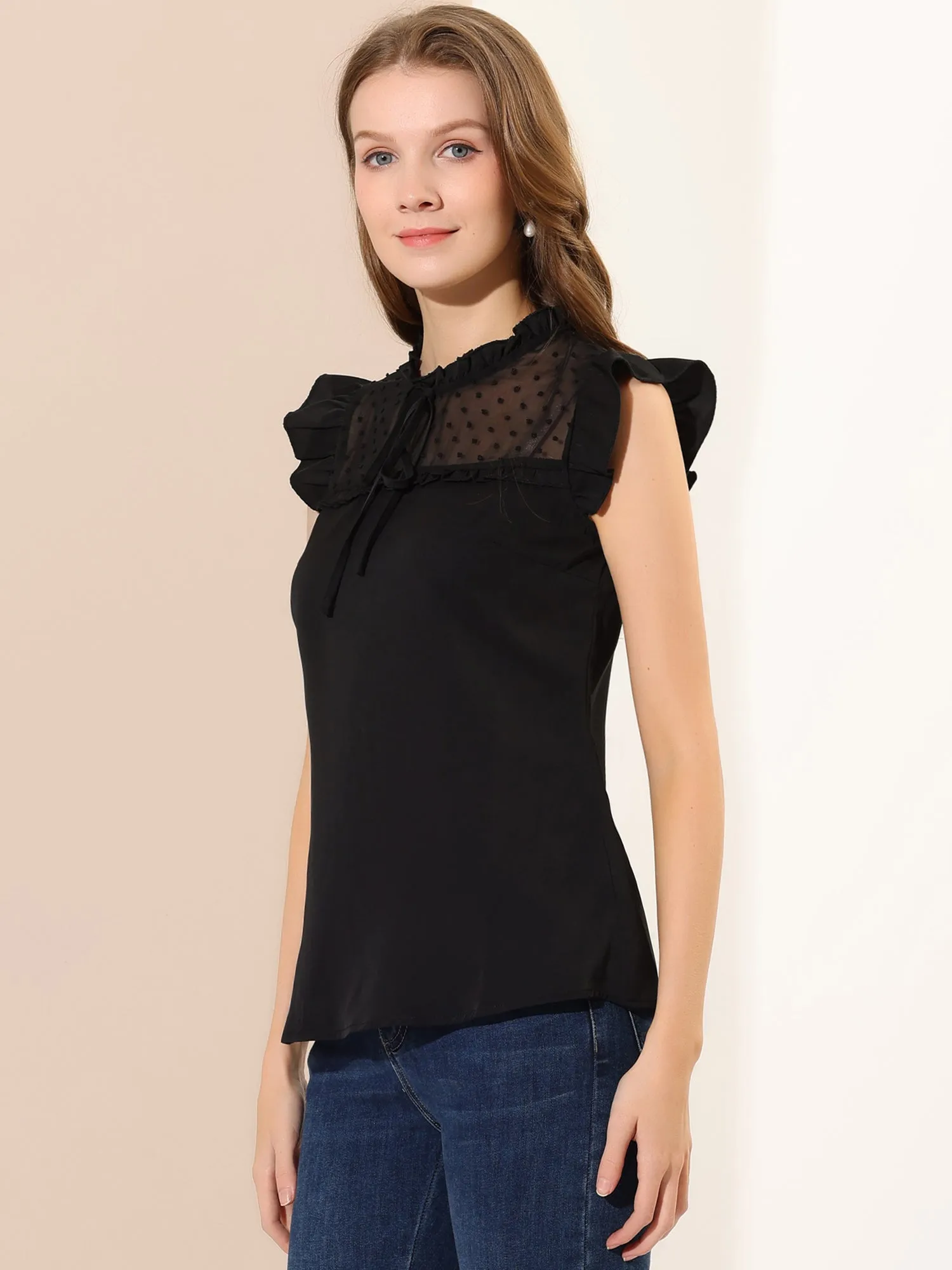 Chiffon Tops Ruffle Stand Collar Tie Front Cap Sleeve Summer Blouse sold by Allegra K product image thumbnail 3