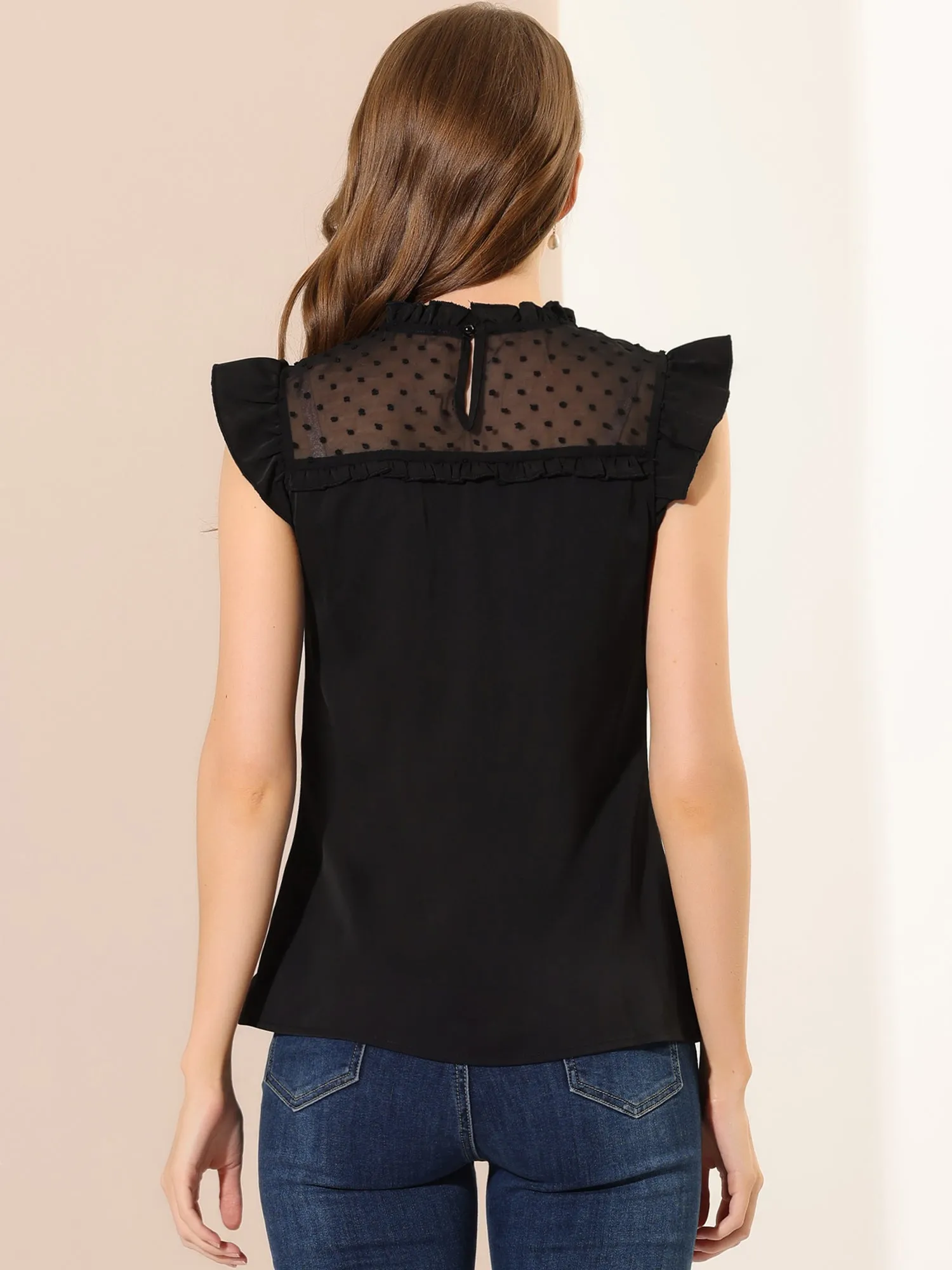 Chiffon Tops Ruffle Stand Collar Tie Front Cap Sleeve Summer Blouse sold by Allegra K product image thumbnail 4