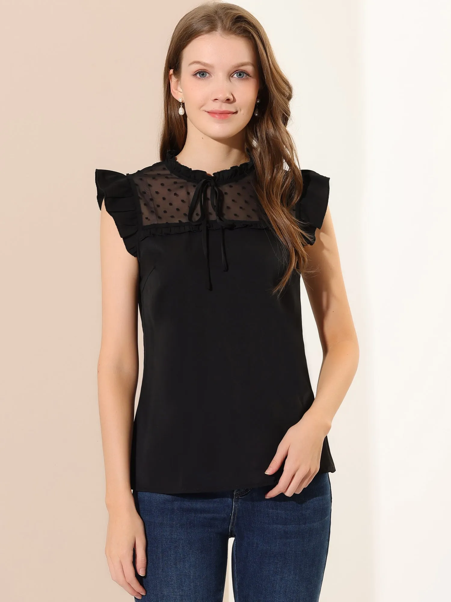 Chiffon Tops Ruffle Stand Collar Tie Front Cap Sleeve Summer Blouse sold by Allegra K product image thumbnail 2