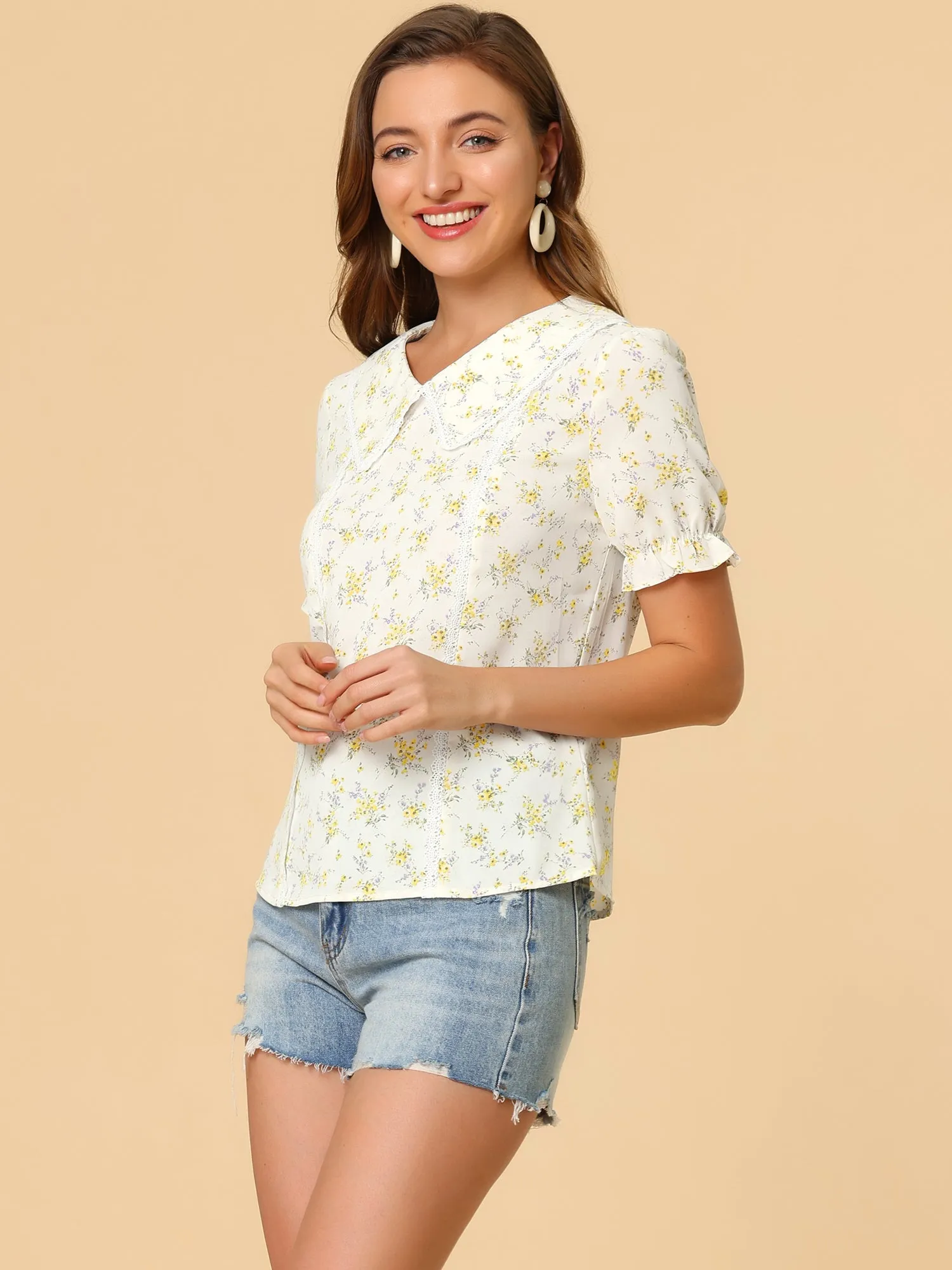 Floral Peter Pan Collar Lace Trim Ruffle Sleeve Blouse sold by Allegra K product image thumbnail 4