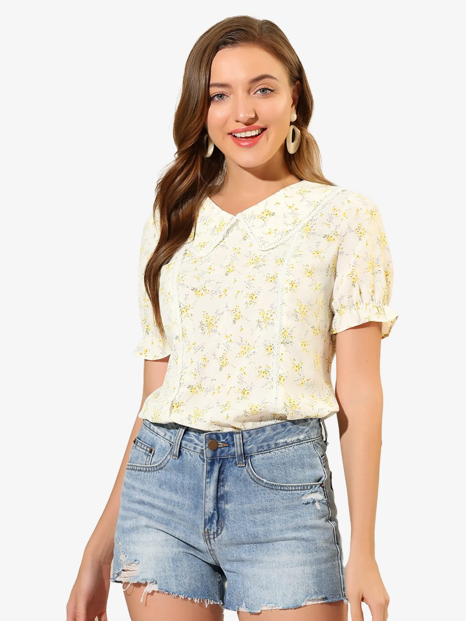 Floral Peter Pan Collar Lace Trim Ruffle Sleeve Blouse sold by Allegra K