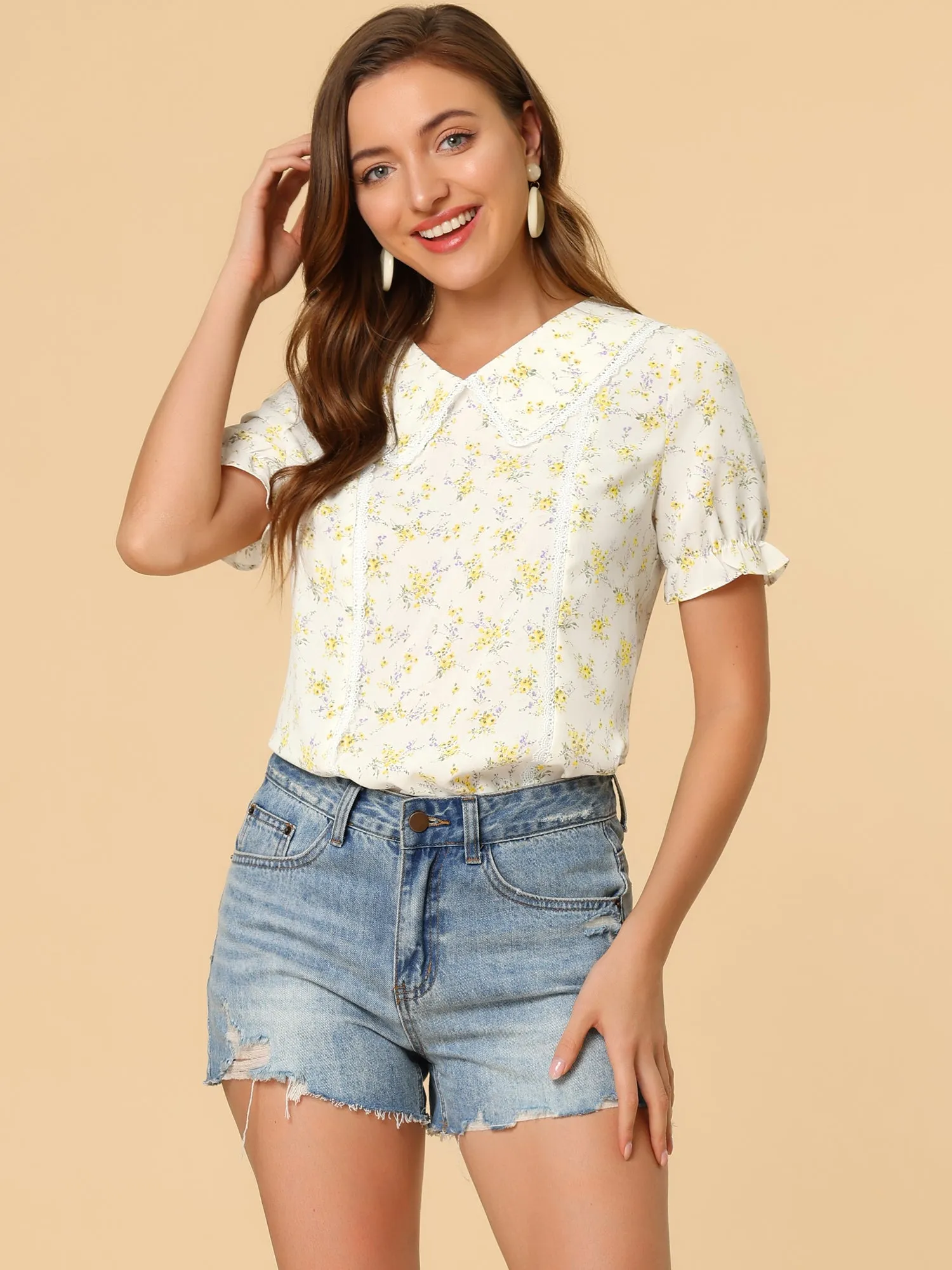 Floral Peter Pan Collar Lace Trim Ruffle Sleeve Blouse sold by Allegra K product image thumbnail 3