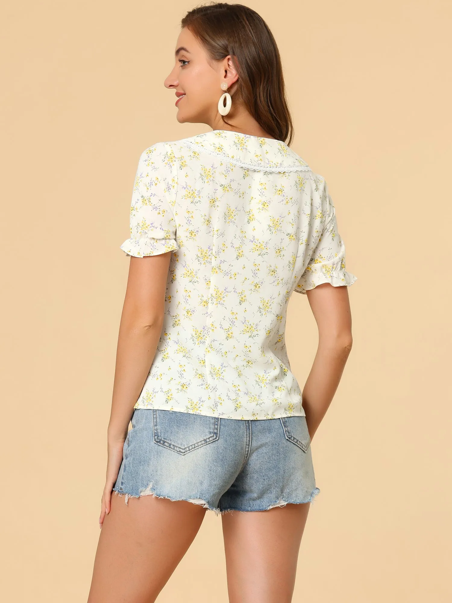 Floral Peter Pan Collar Lace Trim Ruffle Sleeve Blouse sold by Allegra K product image thumbnail 5