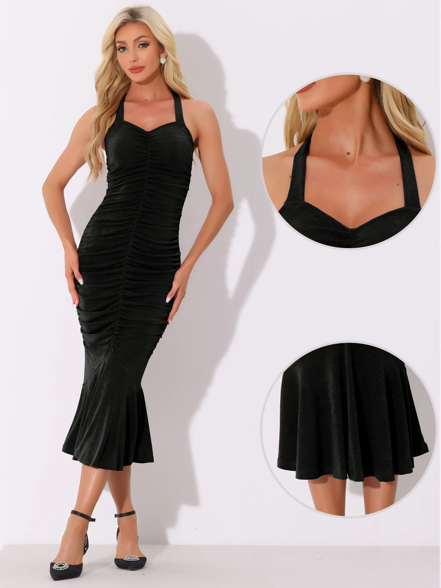 Halter Neck Wedding Guest Ruched Party Bodycon Fishtail Midi Dress sold by Allegra K product image thumbnail 5