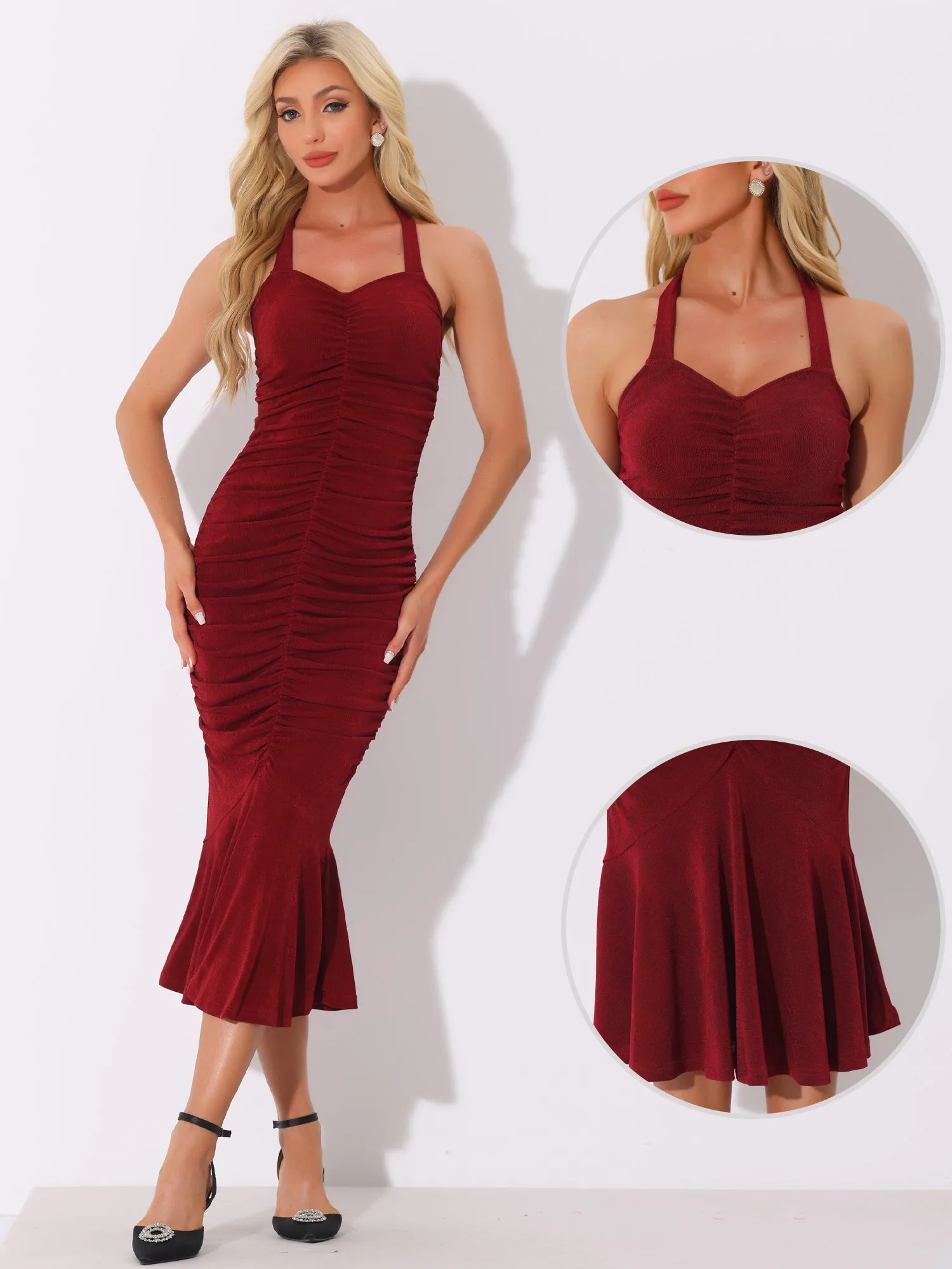 Halter Neck Wedding Guest Ruched Party Bodycon Fishtail Midi Dress sold by Allegra K