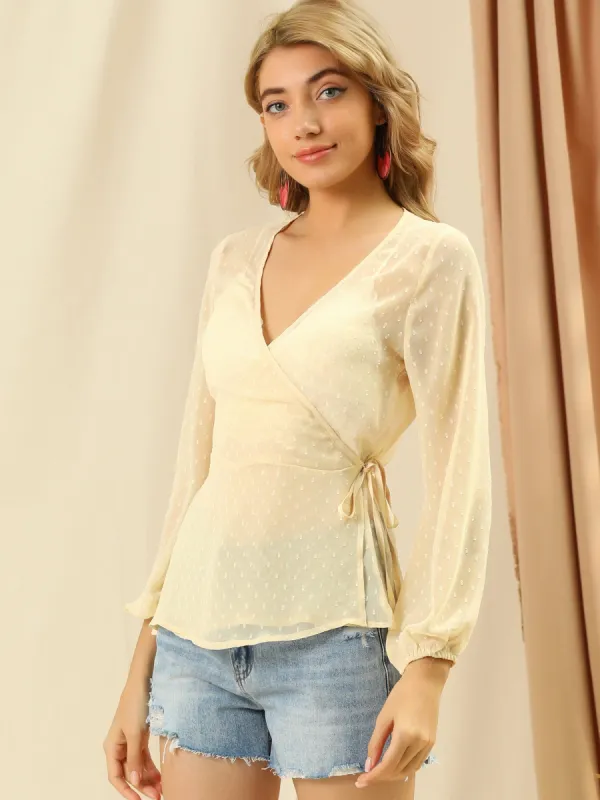 Swiss Dots Tie Front Sheer V Neck Wrap Blouse Shirt sold by Allegra K