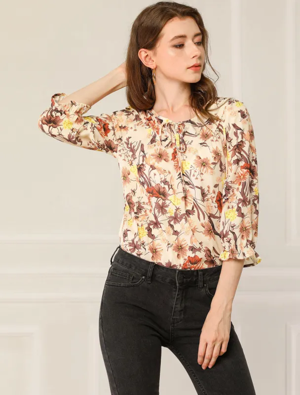 Floral Tops Bow Tie Neck Vintage 3/4 Sleeve Blouse sold by Allegra K