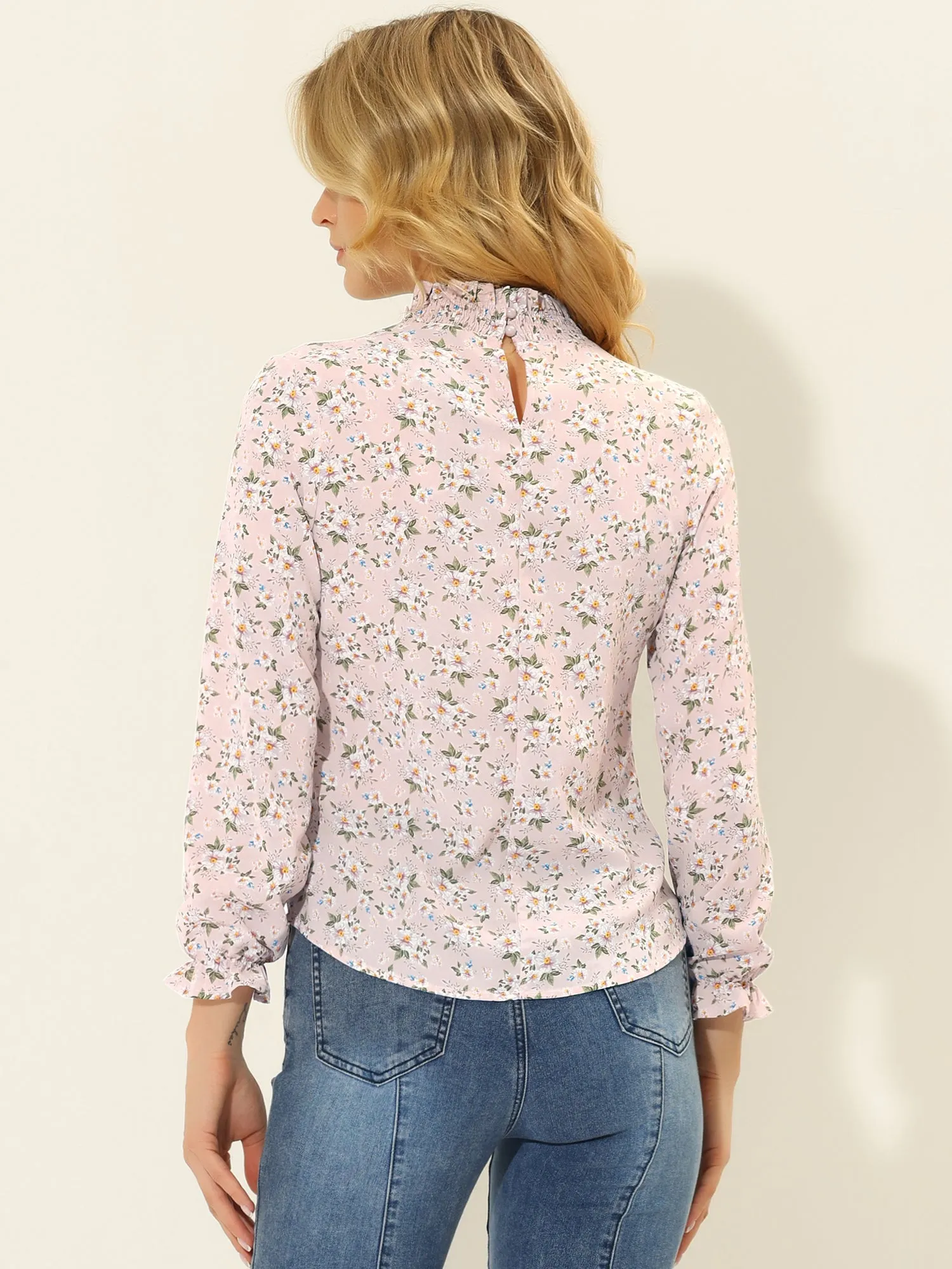 Floral Ruffled Vintage Boho Long Sleeve Mock Neck Blouse sold by Allegra K product image thumbnail 3
