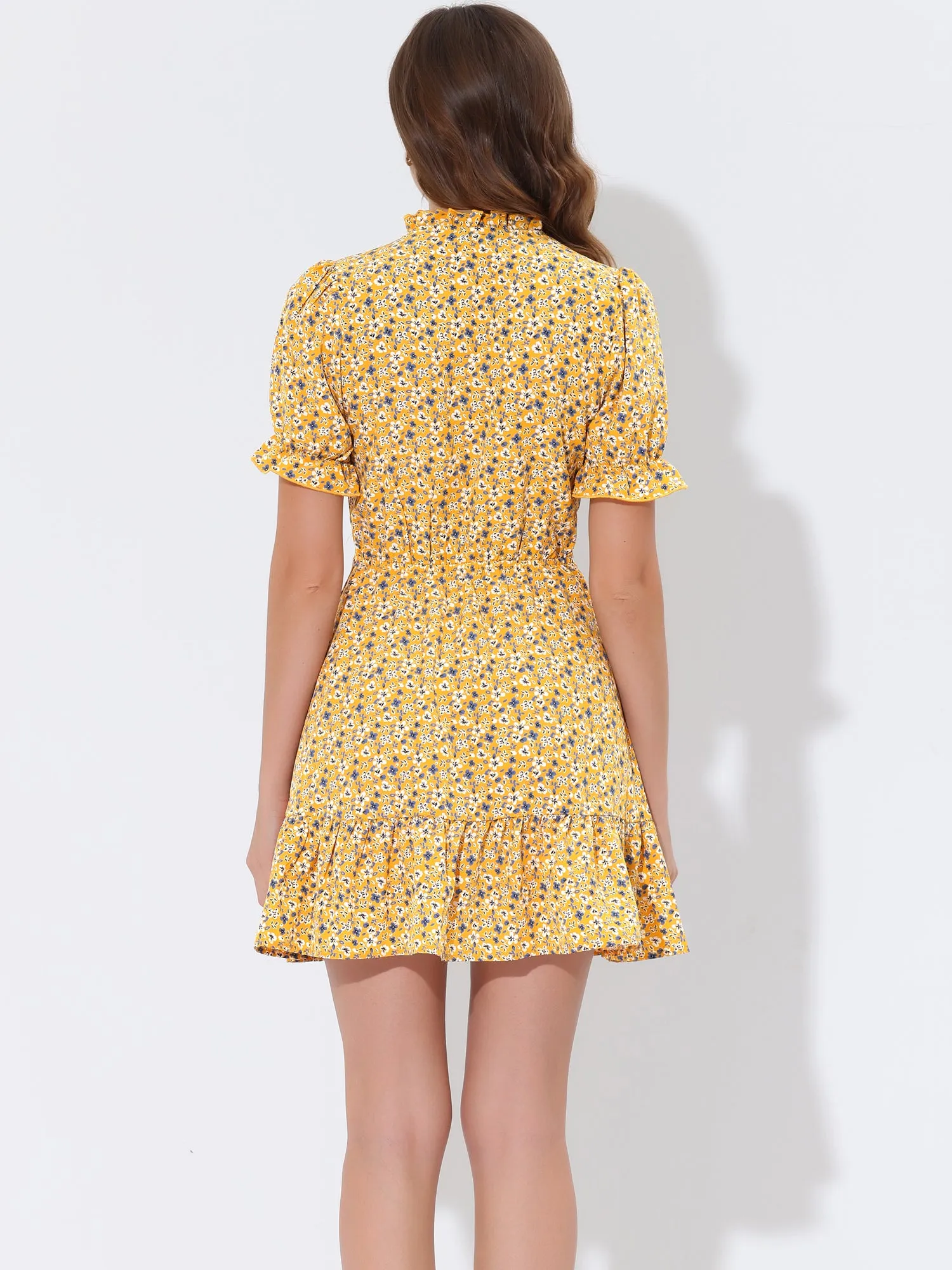 Summer Chiffon Tie Neck Puff Short Sleeve Floral Ruffle Smock Dress sold by Allegra K product image thumbnail 3