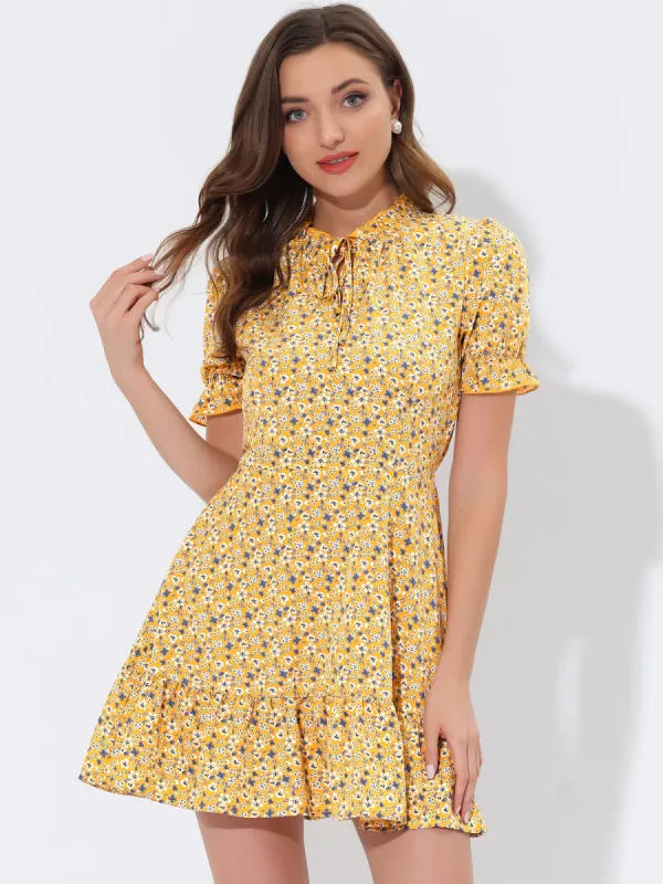 Summer Chiffon Tie Neck Puff Short Sleeve Floral Ruffle Smock Dress sold by Allegra K