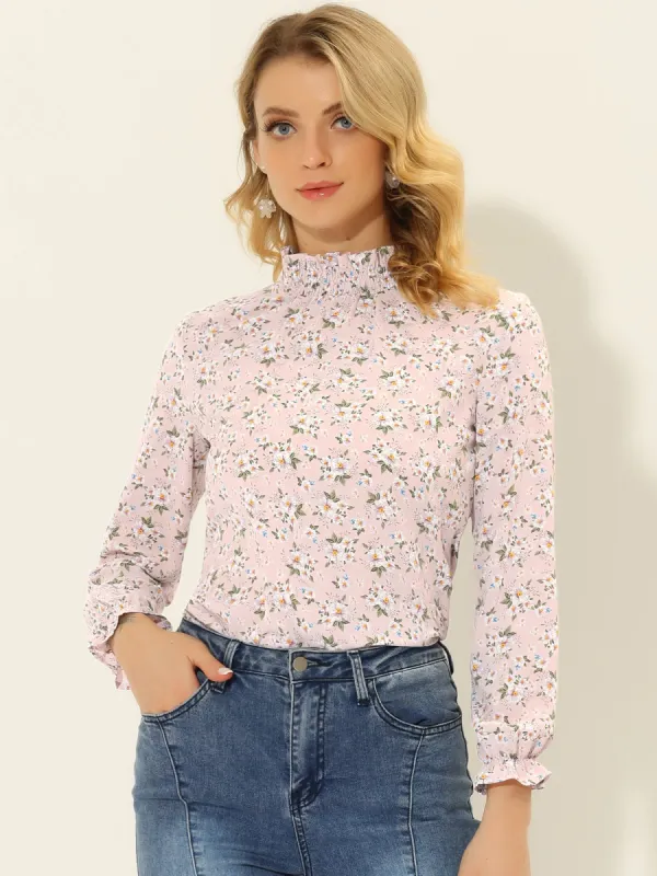 Floral Ruffled Vintage Boho Long Sleeve Mock Neck Blouse sold by Allegra K