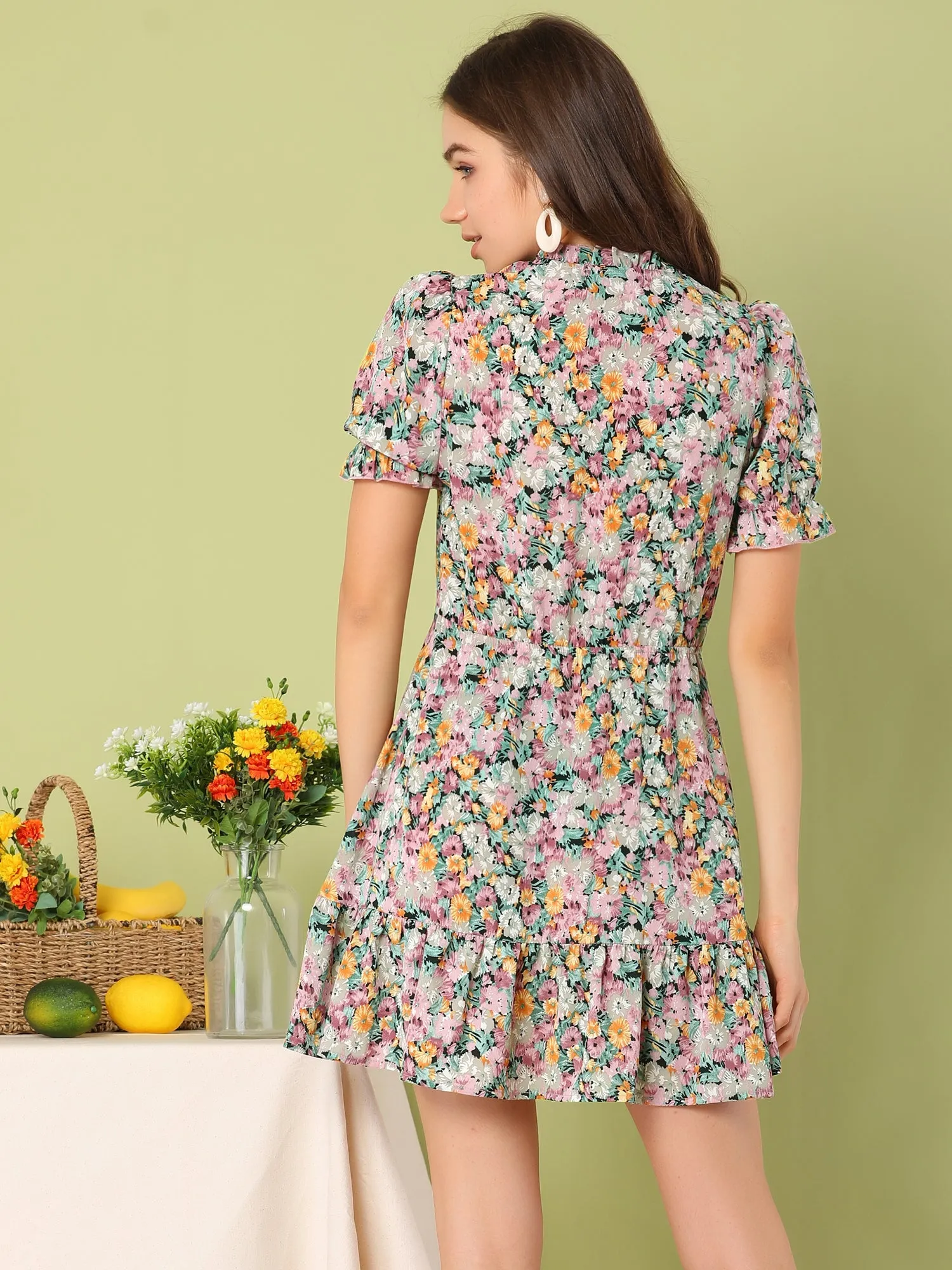 Summer Chiffon Tie Neck Puff Short Sleeve Floral Ruffle Smock Dress sold by Allegra K product image thumbnail 2
