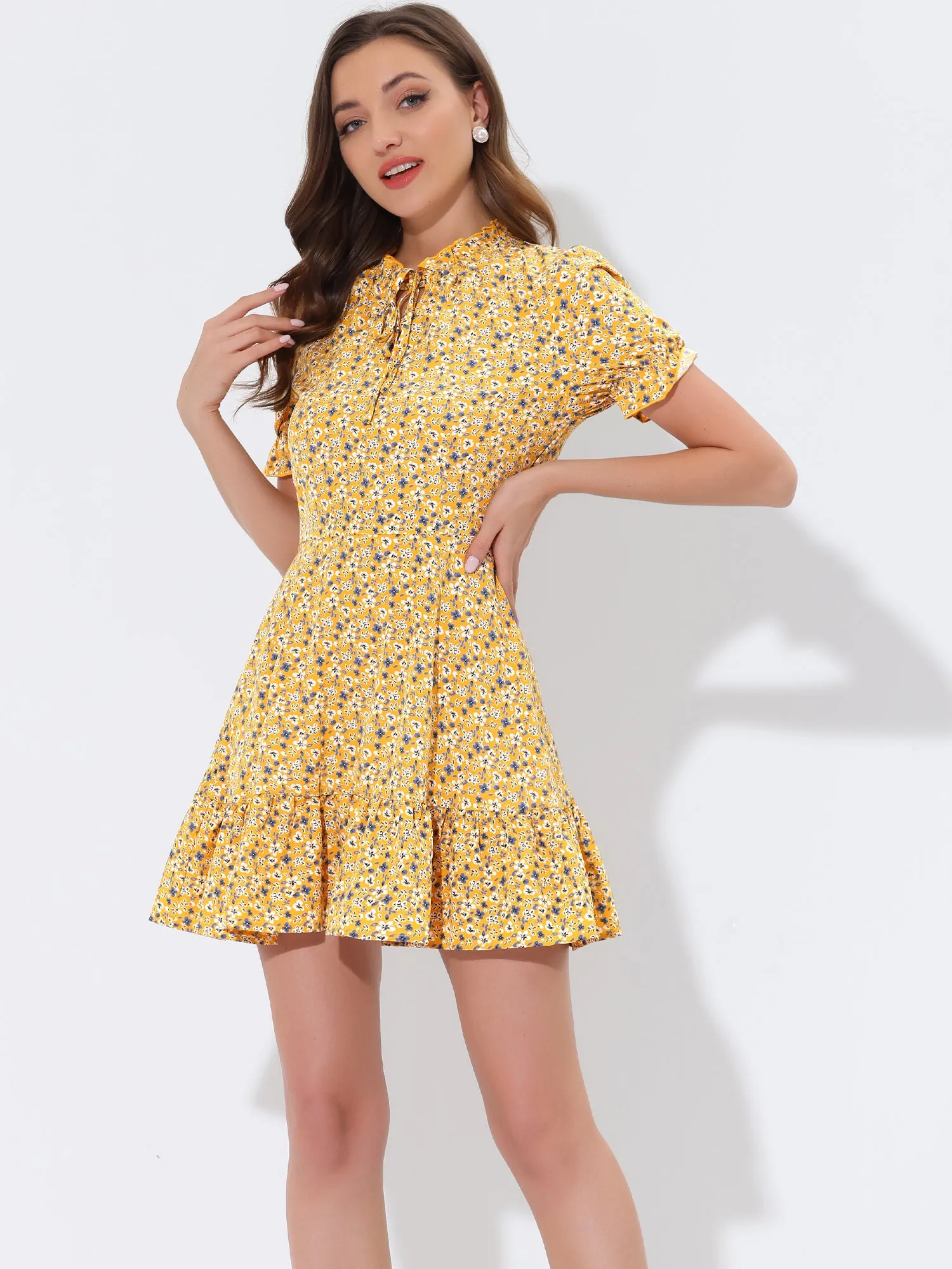 Summer Chiffon Tie Neck Puff Short Sleeve Floral Ruffle Smock Dress sold by Allegra K product image thumbnail 4