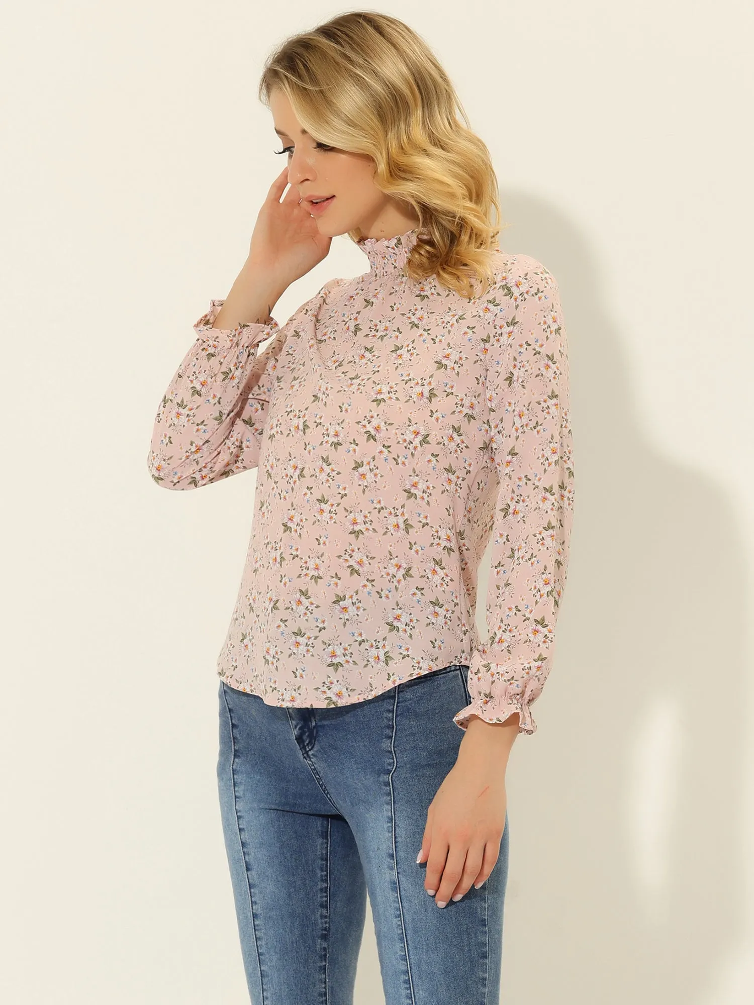 Floral Ruffled Vintage Boho Long Sleeve Mock Neck Blouse sold by Allegra K product image thumbnail 4
