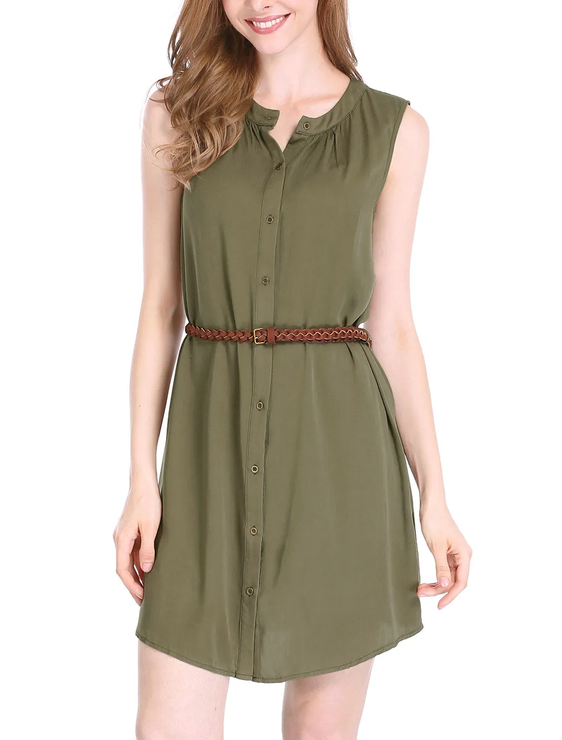 Sleeveless Button Down Crew Neck Above Knee Belted Vintage Shirtdress sold by Allegra K product image thumbnail 2