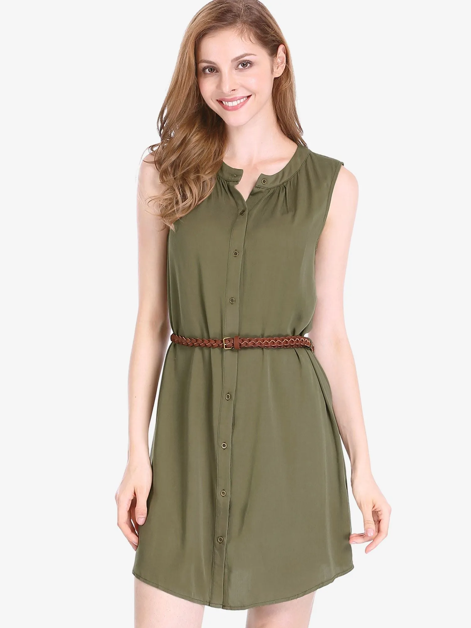 Sleeveless Button Down Crew Neck Above Knee Belted Vintage Shirtdress sold by Allegra K