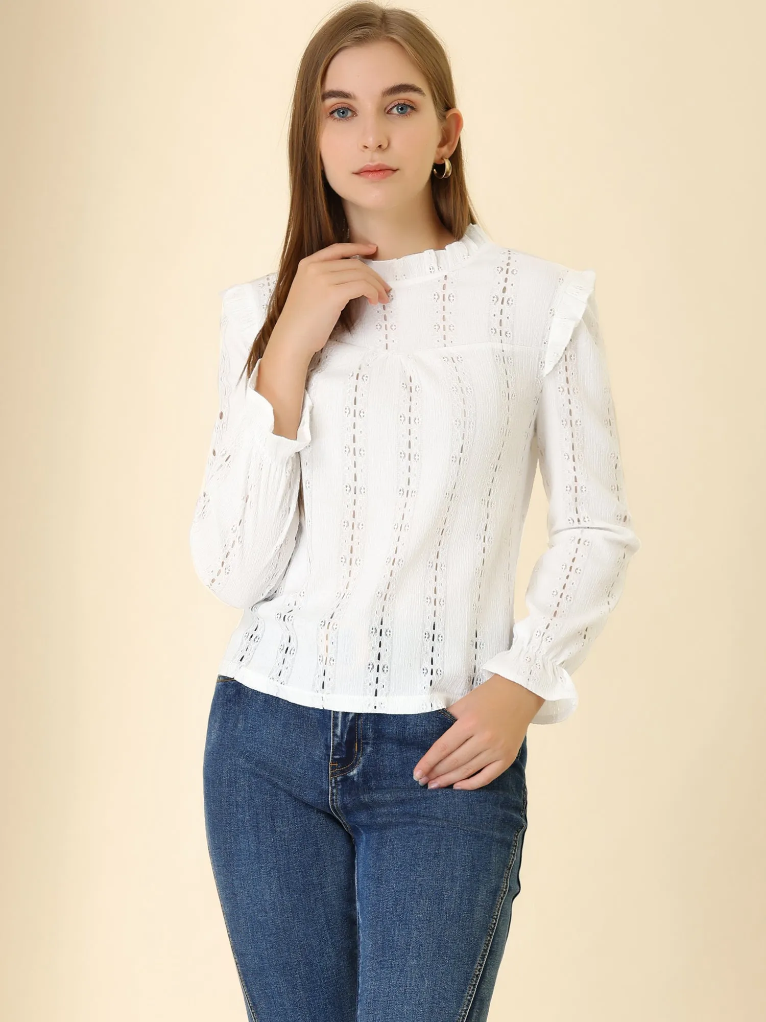Ruffled Frill Trim Long Sleeve Hollow Out Stand Collar Top Blouse sold by Allegra K product image thumbnail 3