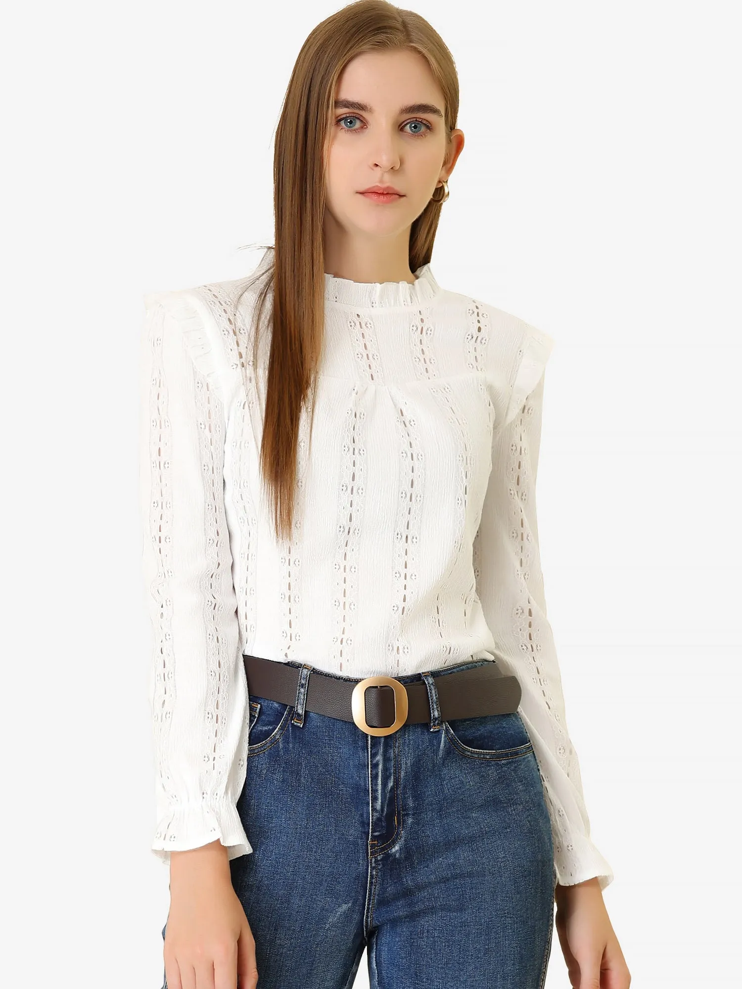 Ruffled Frill Trim Long Sleeve Hollow Out Stand Collar Top Blouse sold by Allegra K