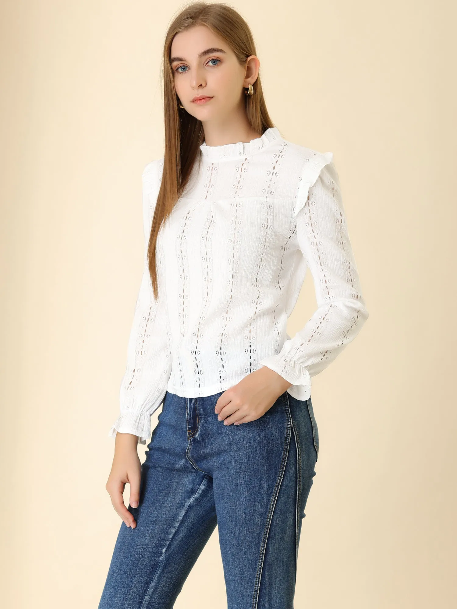 Ruffled Frill Trim Long Sleeve Hollow Out Stand Collar Top Blouse sold by Allegra K product image thumbnail 4