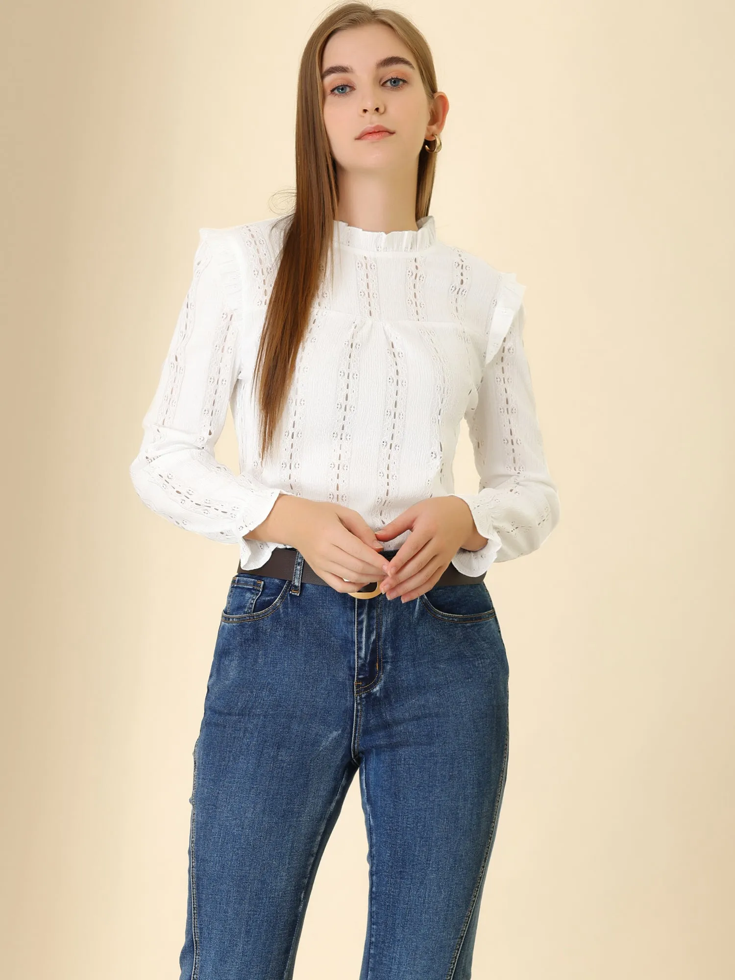 Ruffled Frill Trim Long Sleeve Hollow Out Stand Collar Top Blouse sold by Allegra K product image thumbnail 2