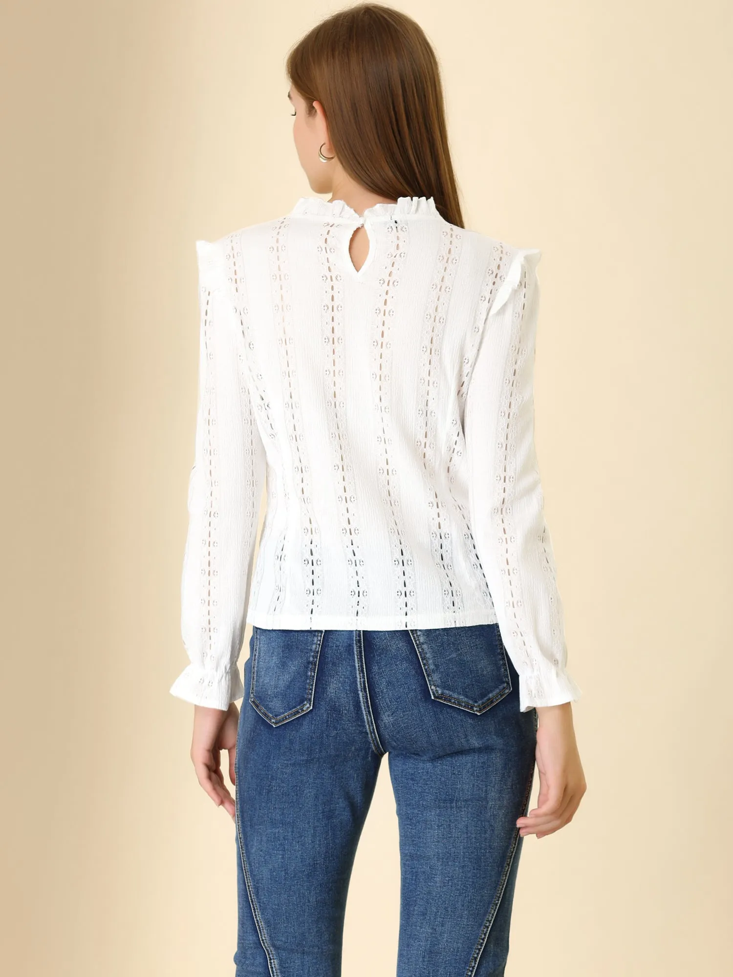 Ruffled Frill Trim Long Sleeve Hollow Out Stand Collar Top Blouse sold by Allegra K product image thumbnail 5