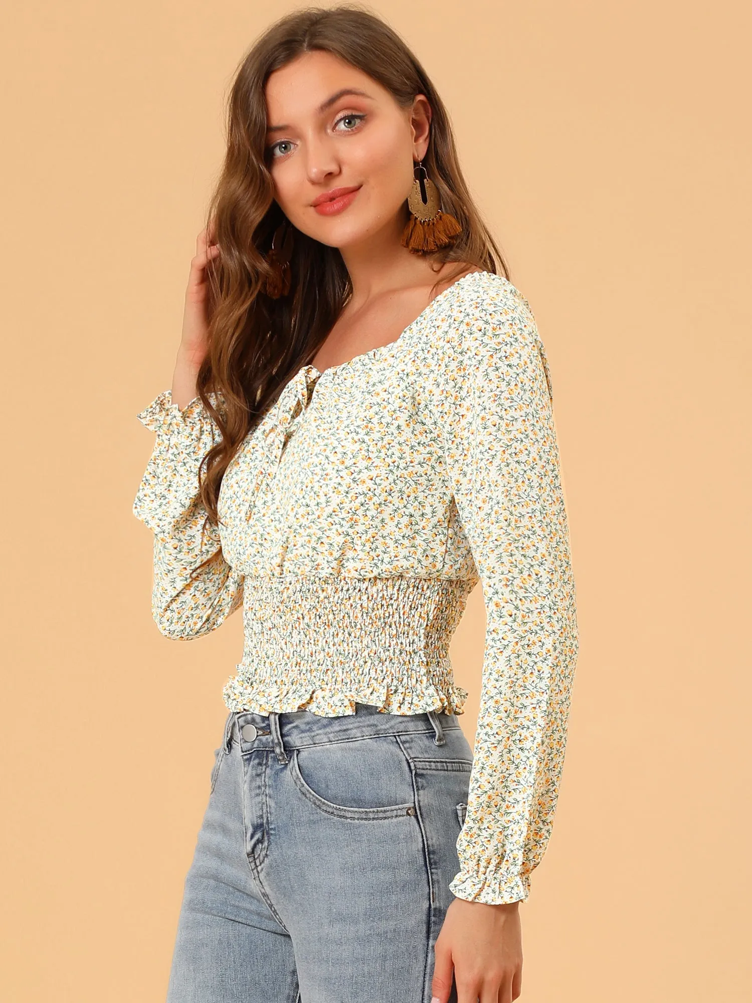 Floral Print Long Sleeve Square Neck Smocked Blouse Top sold by Allegra K product image thumbnail 4