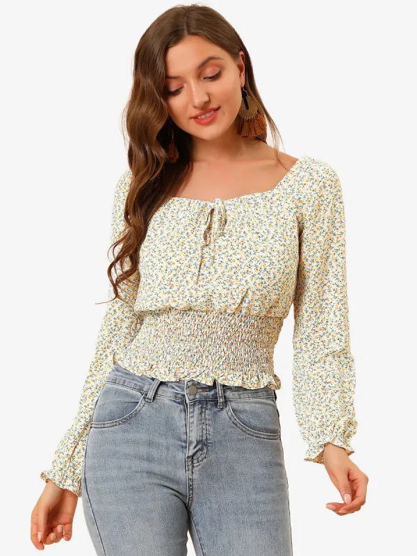 Floral Print Long Sleeve Square Neck Smocked Blouse Top sold by Allegra K