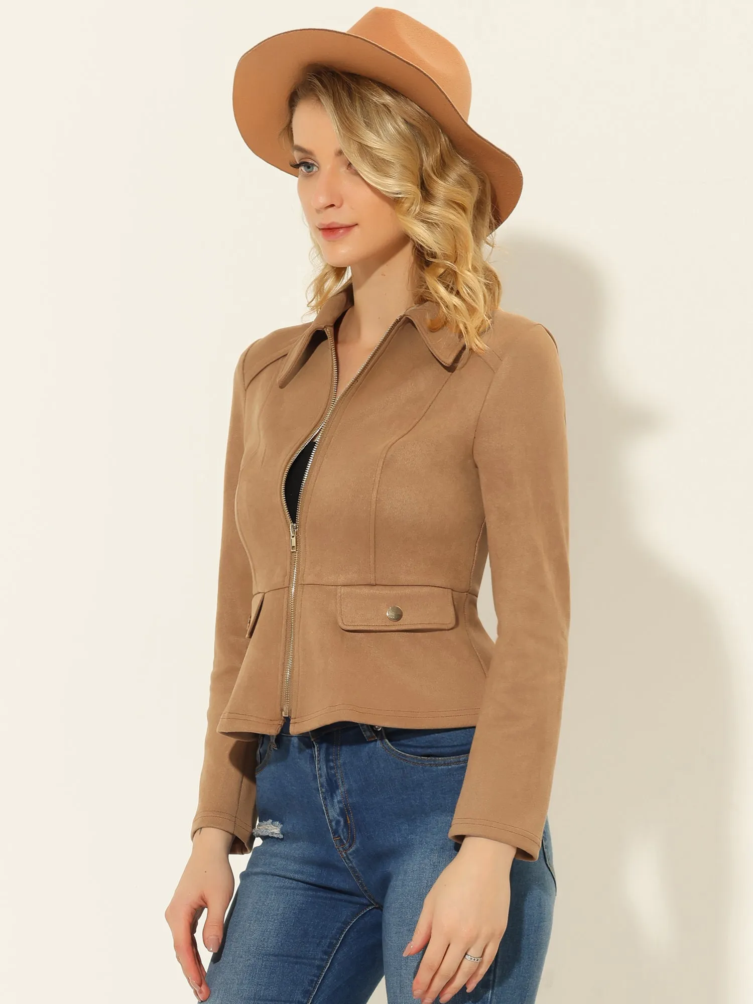 Faux Suede Jacket Short Zip Up Motorcycle Biker Coat sold by Allegra K product image thumbnail 3