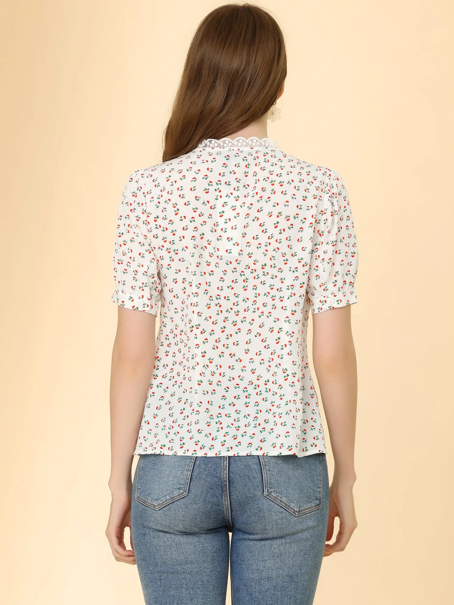 Peasant V Neck Short Sleeve Lace Trim Floral Summer Button Blouse sold by Allegra K product image thumbnail 4