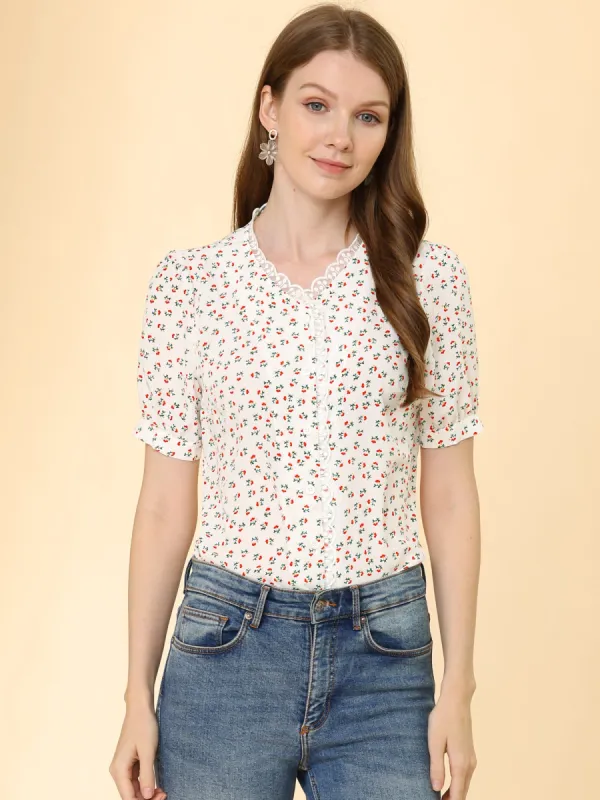 Peasant V Neck Short Sleeve Lace Trim Floral Summer Button Blouse sold by Allegra K