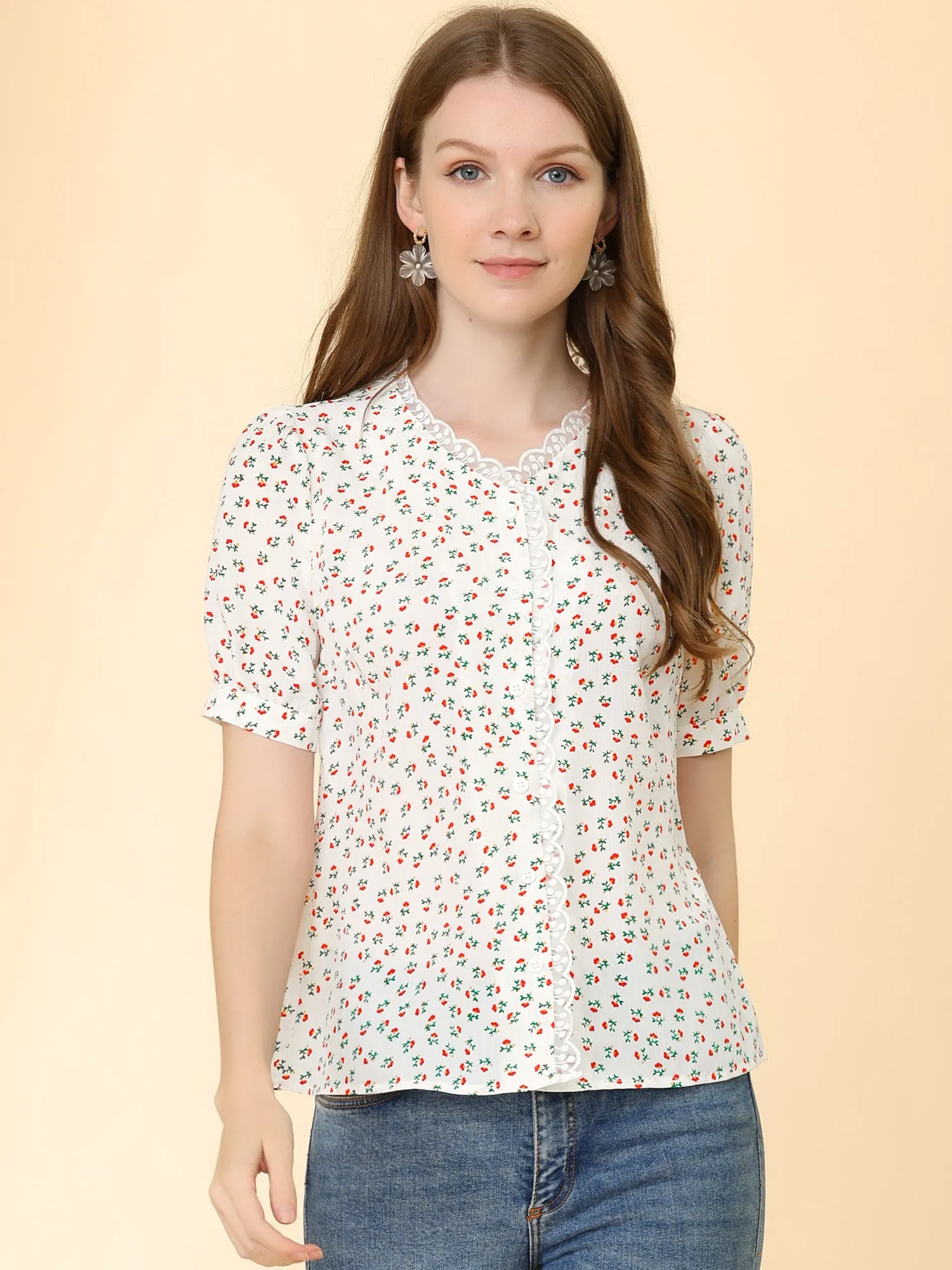 Peasant V Neck Short Sleeve Lace Trim Floral Summer Button Blouse sold by Allegra K product image thumbnail 2