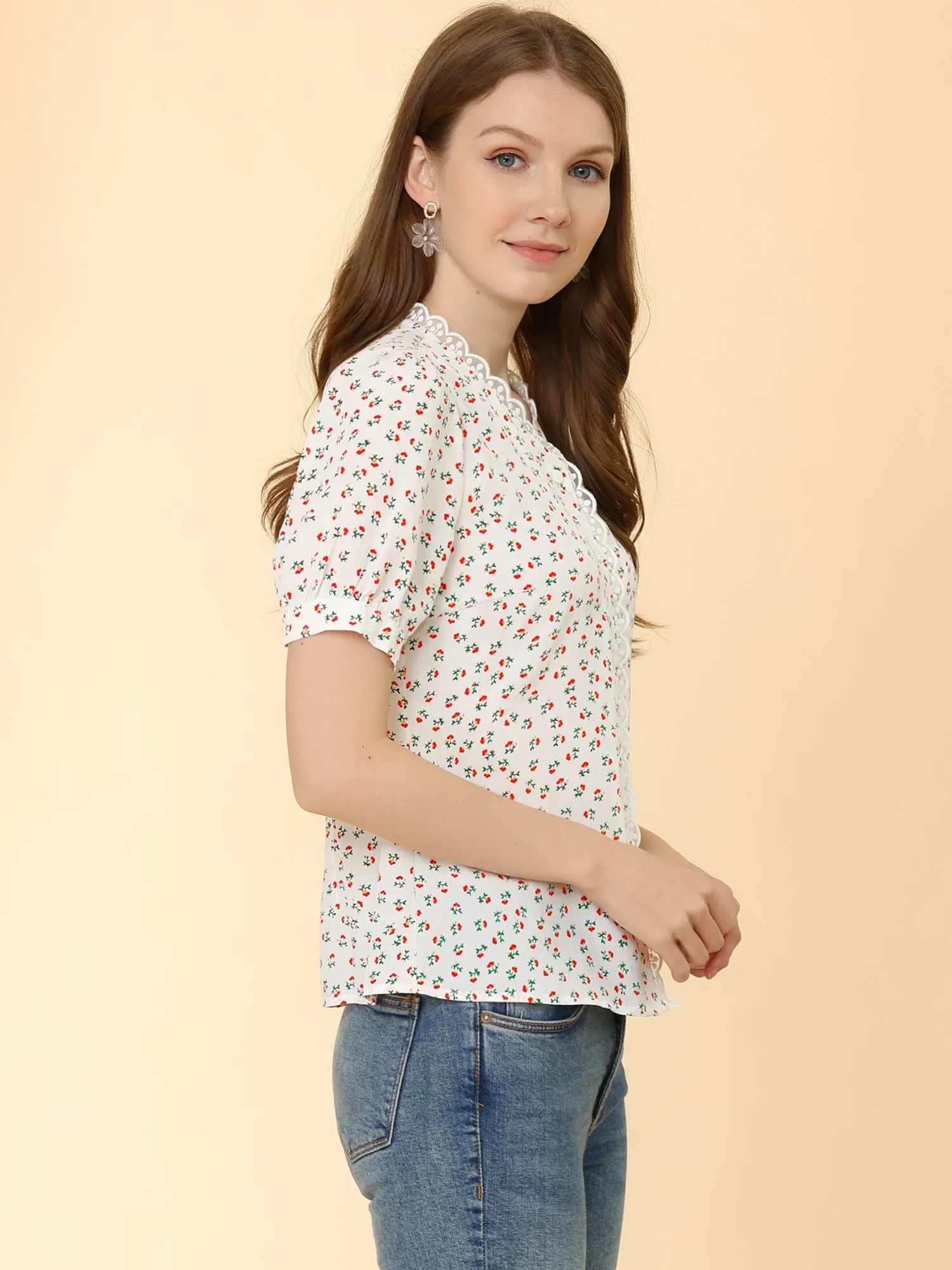 Peasant V Neck Short Sleeve Lace Trim Floral Summer Button Blouse sold by Allegra K product image thumbnail 3