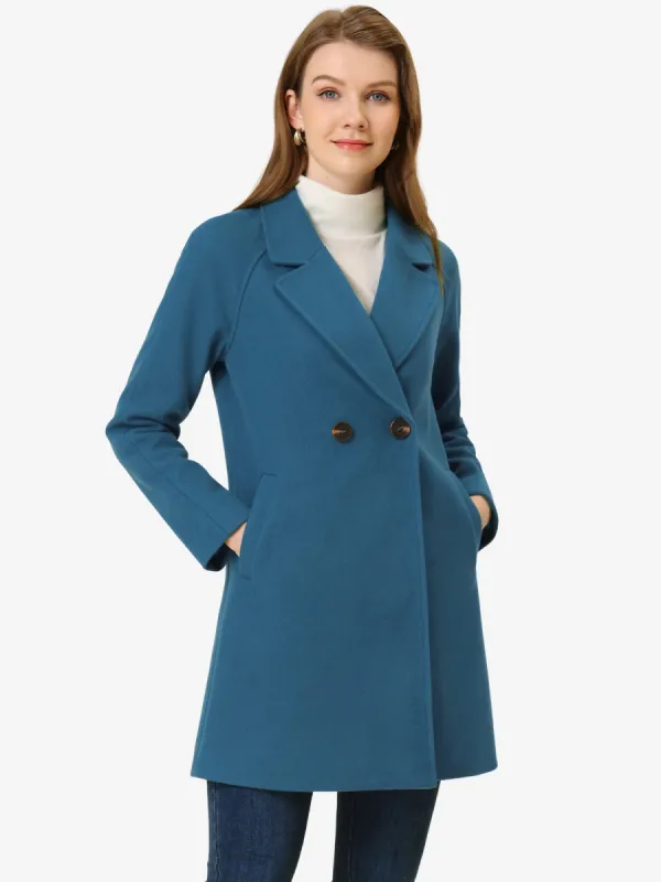 Notched Lapel Raglan Double Breasted Winter Coat sold by Allegra K