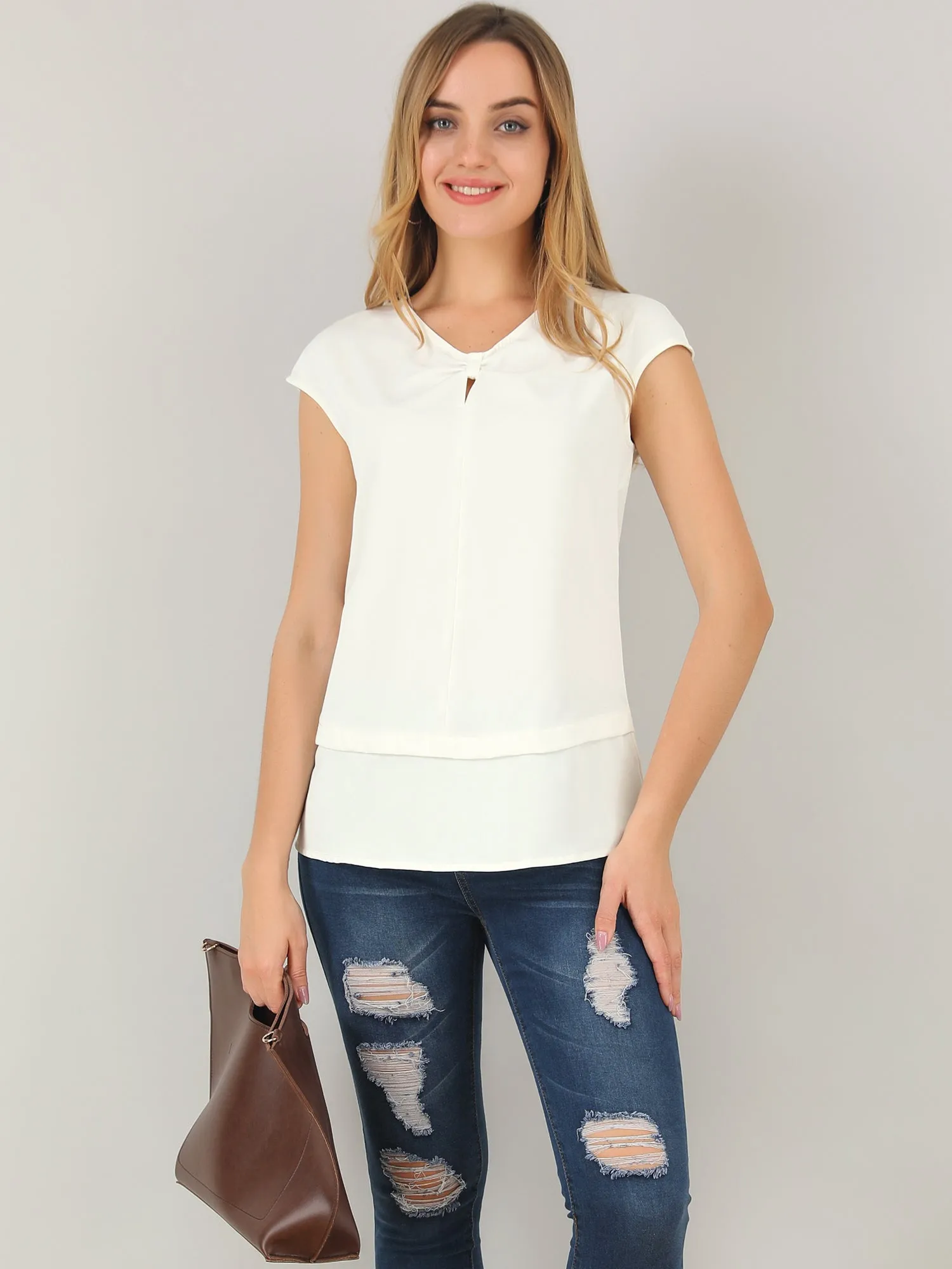 Twist V Neckline Cap Sleeve Blouse Casual Work Top Shirt sold by Allegra K product image thumbnail 3