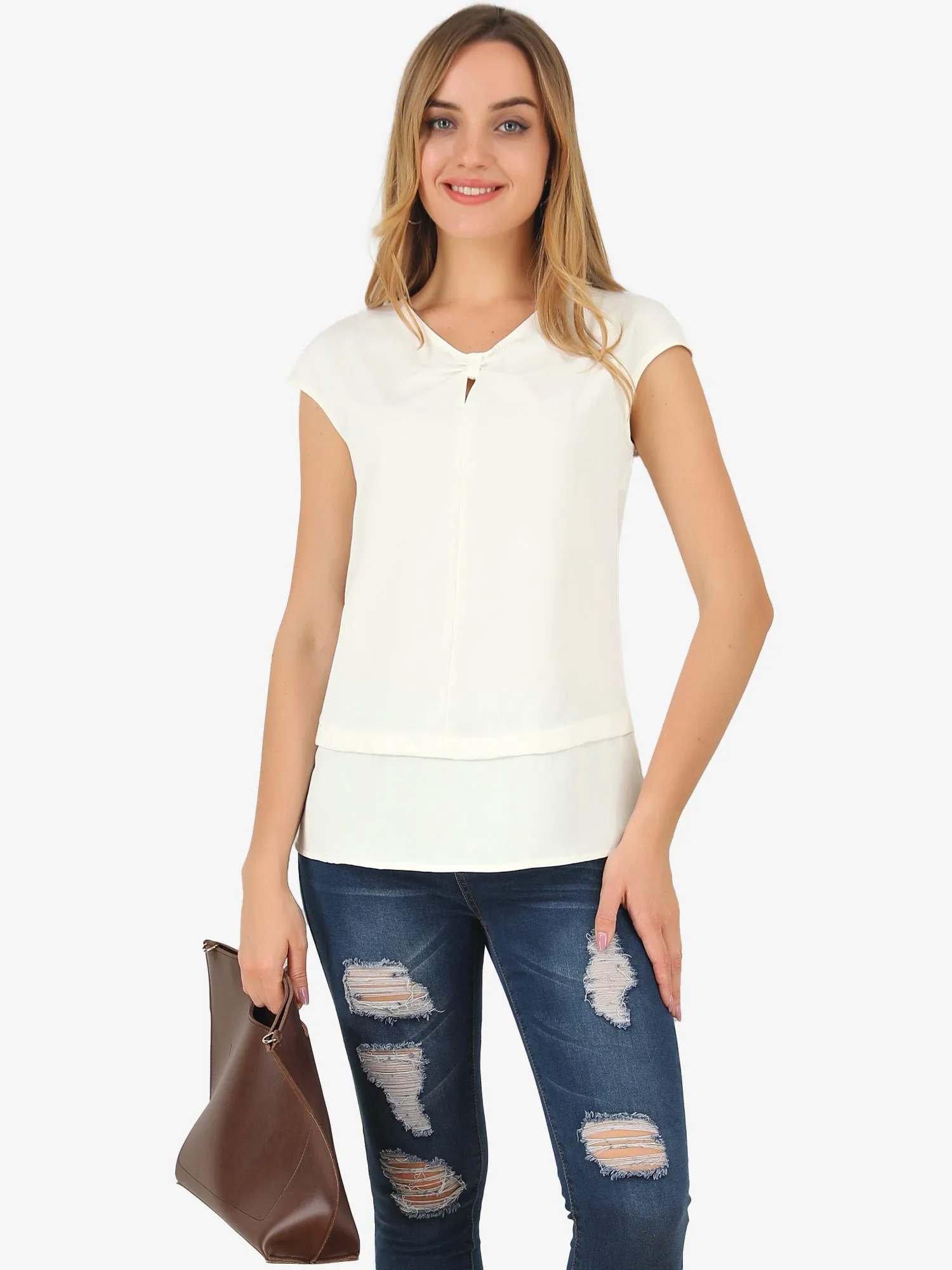 Twist V Neckline Cap Sleeve Blouse Casual Work Top Shirt sold by Allegra K