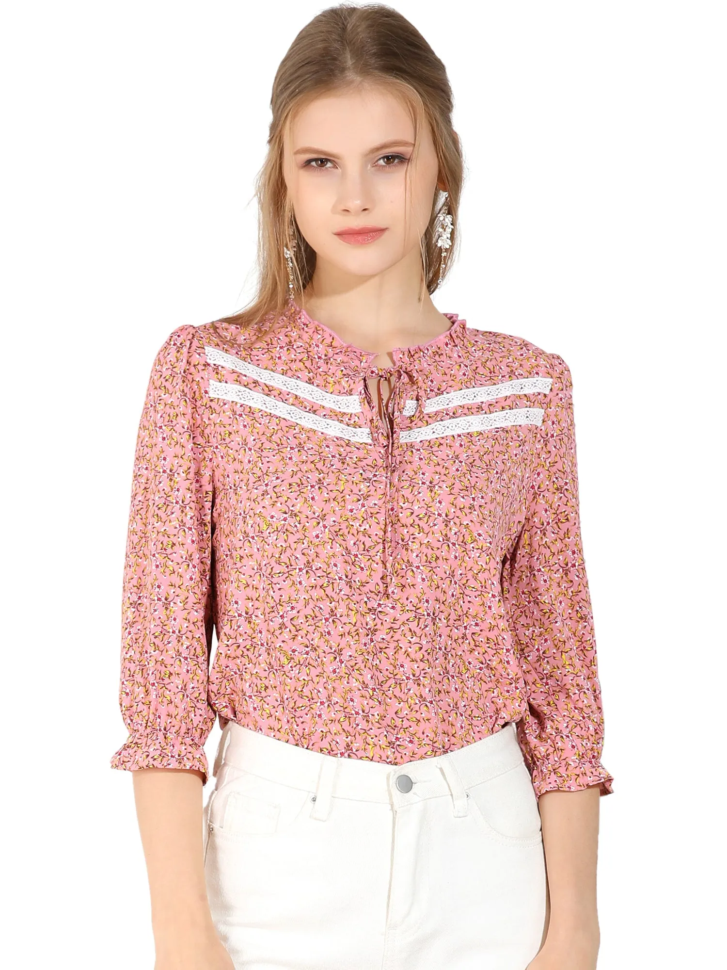 Puff Sleeve Ruffle Frill Neck Floral Blouse Top sold by Allegra K product image thumbnail 2